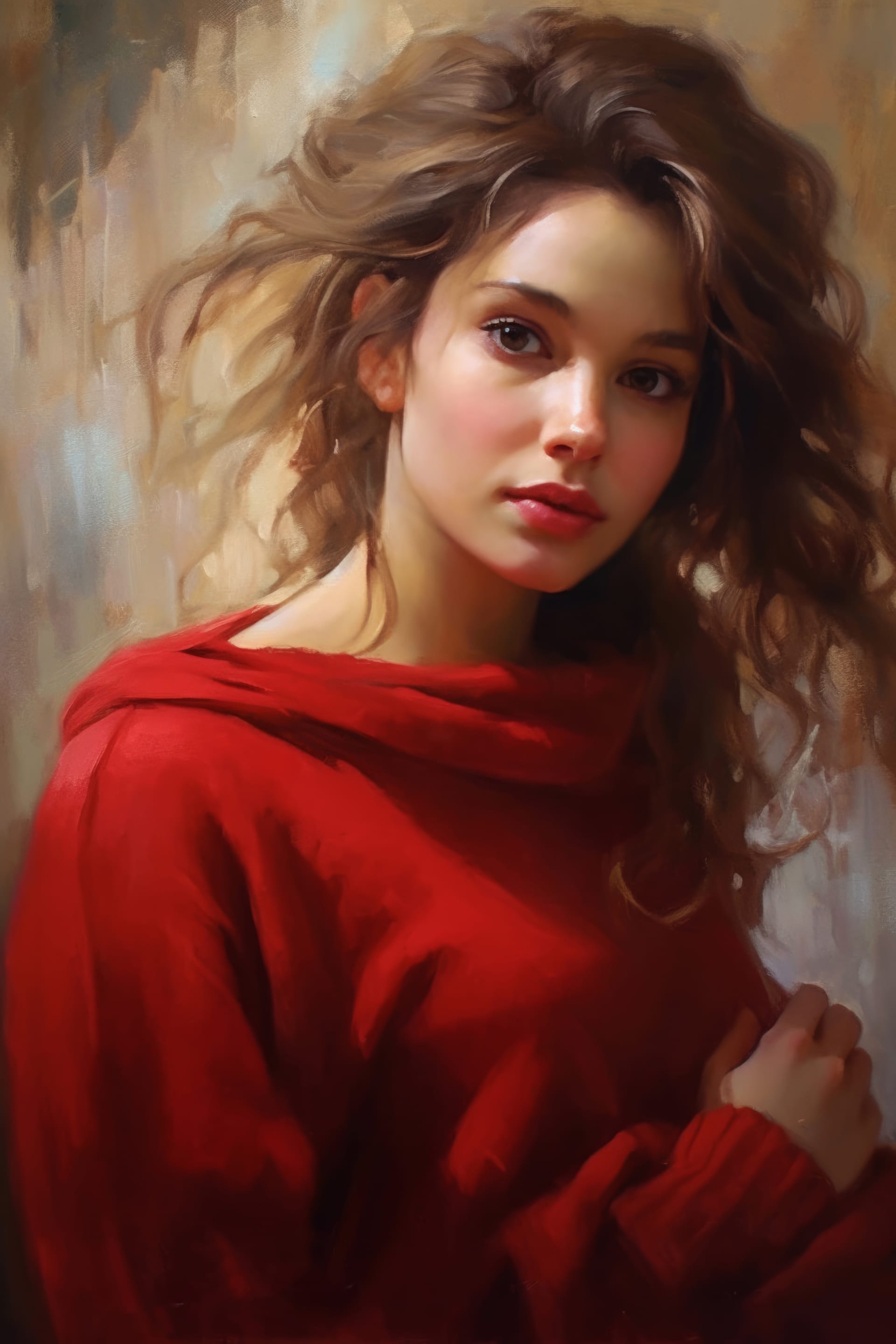 Painting beautiful woman with red sweater