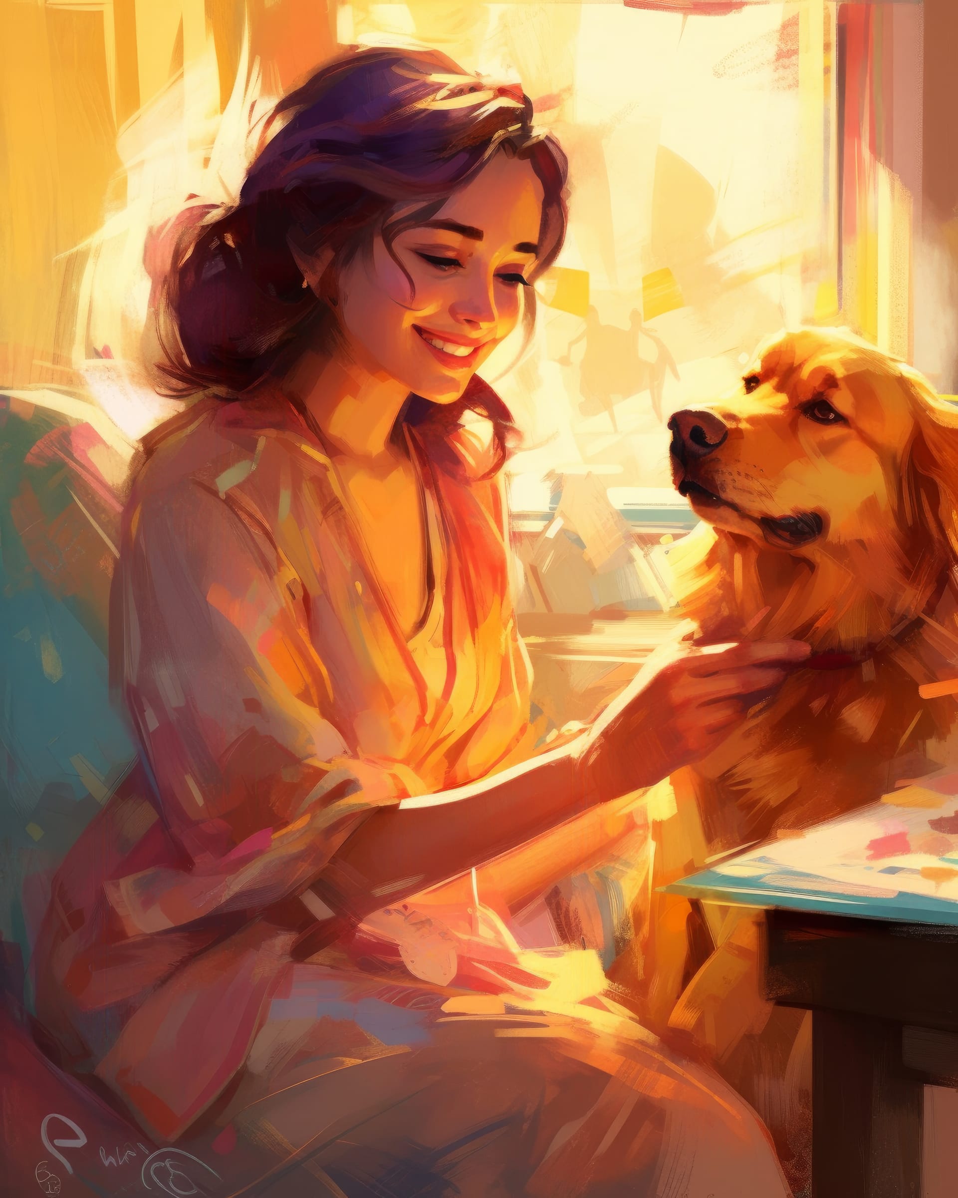 Painting girl and dog are sitting front window