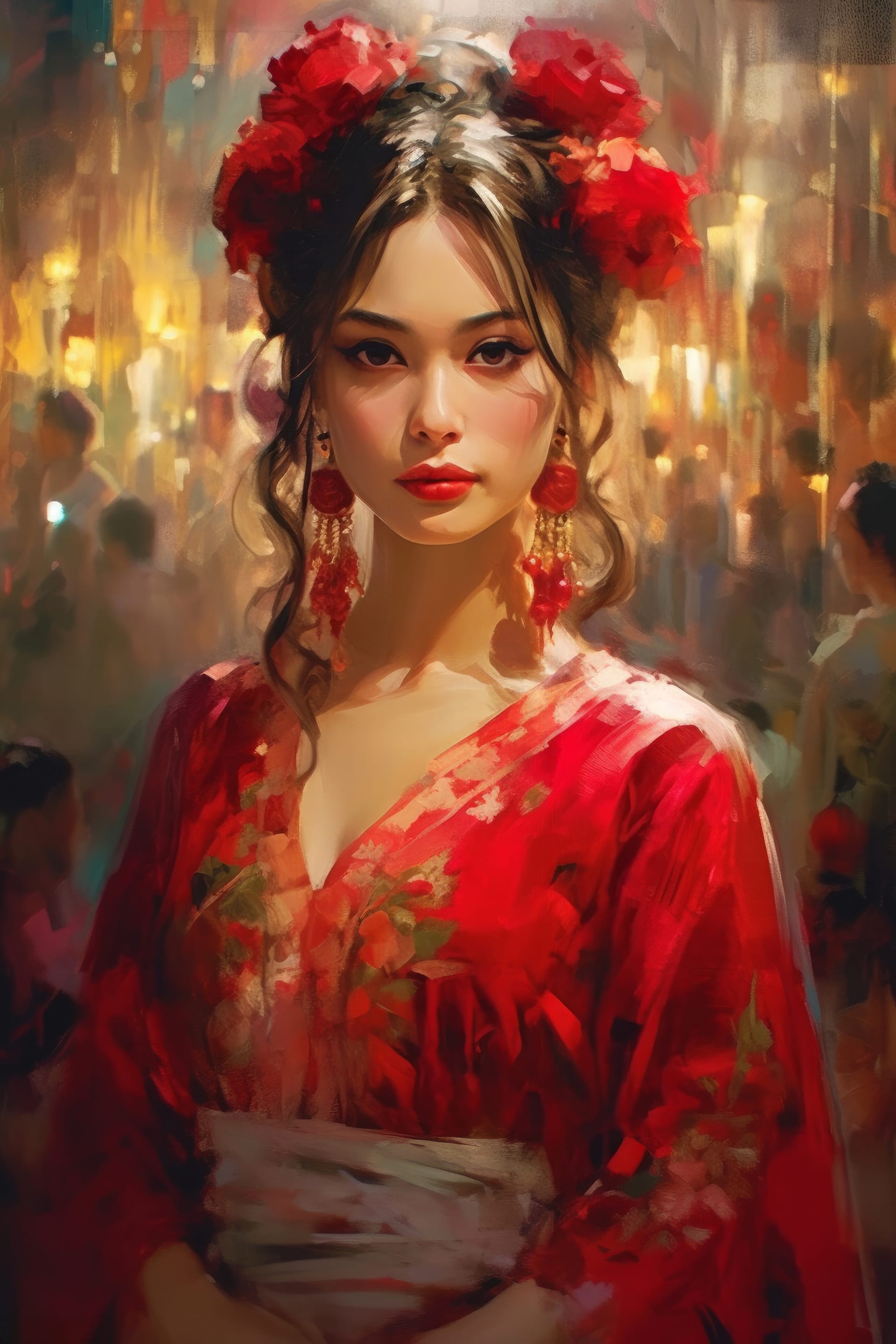 Painting woman red dress with flowers on her head