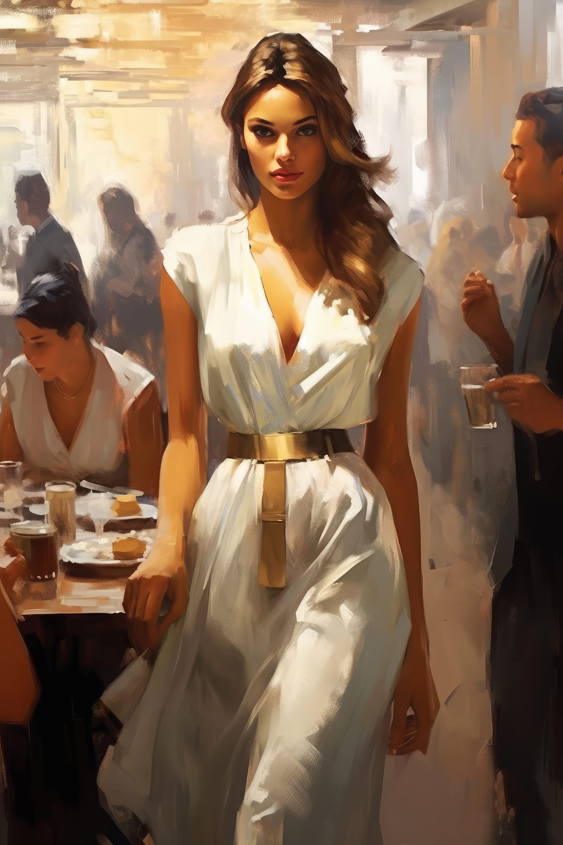 Painting woman white dress with gold belt