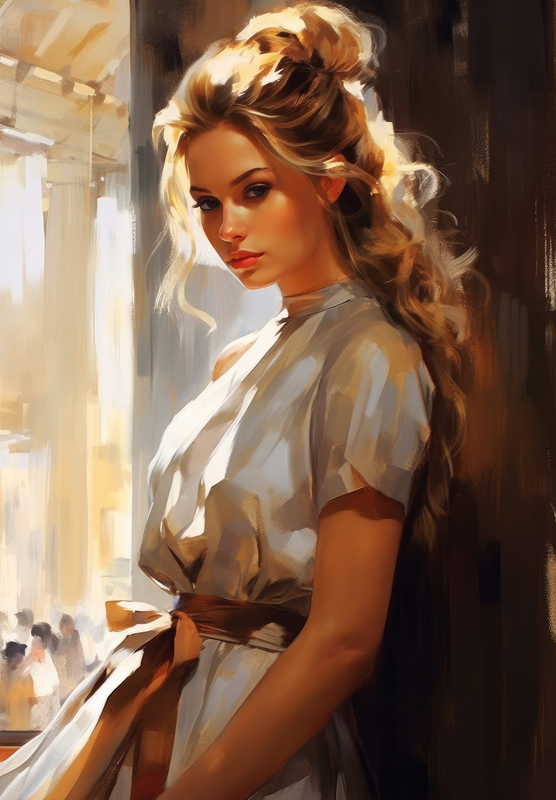 Painting woman with long blonde hair white dress