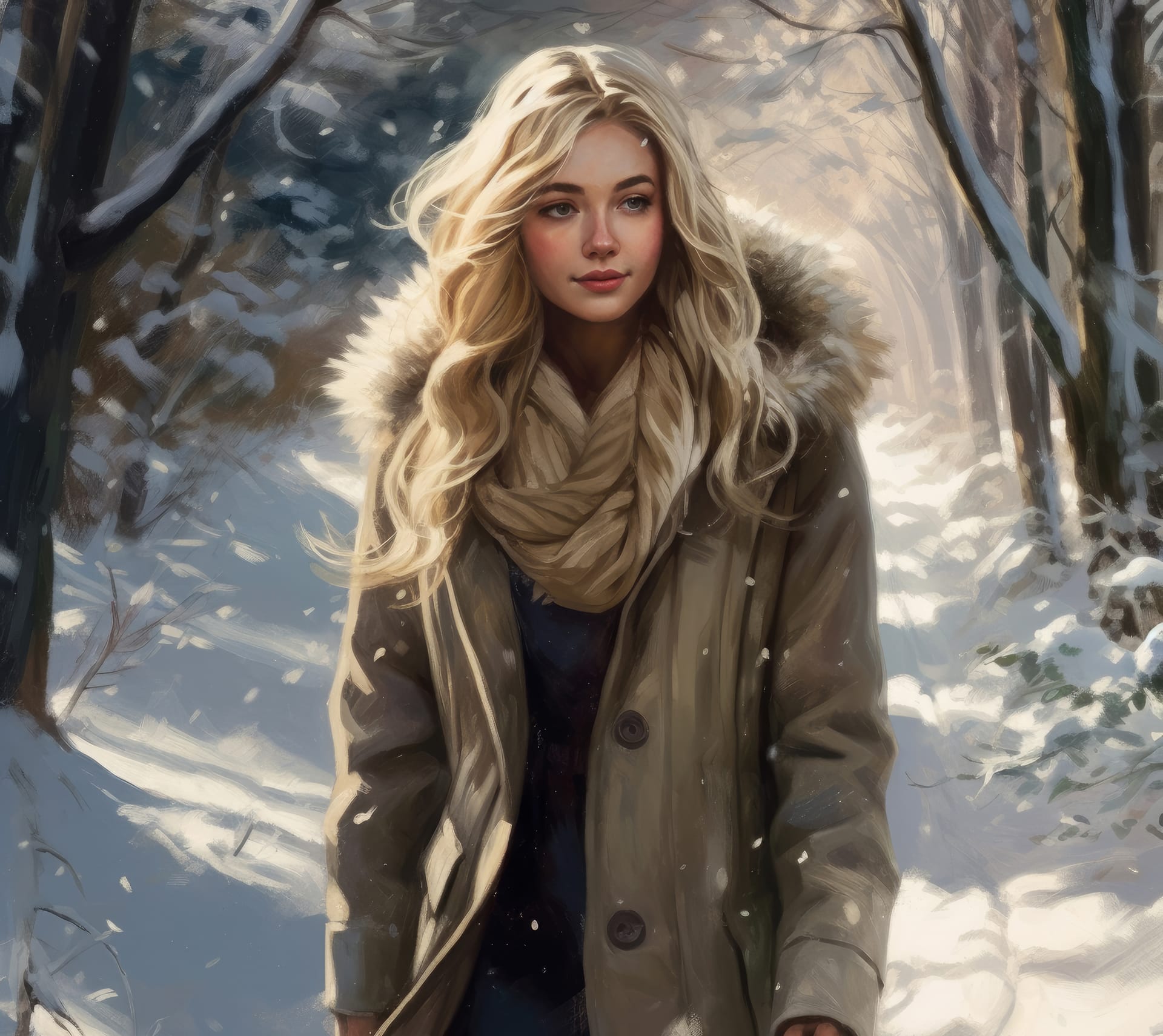 Young woman walking in the snow wearing coat with fur collar