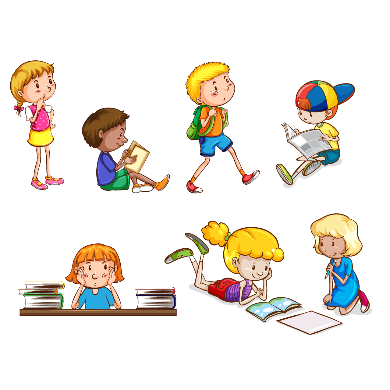 Book clipart set children doing school activities hand drawing sketch