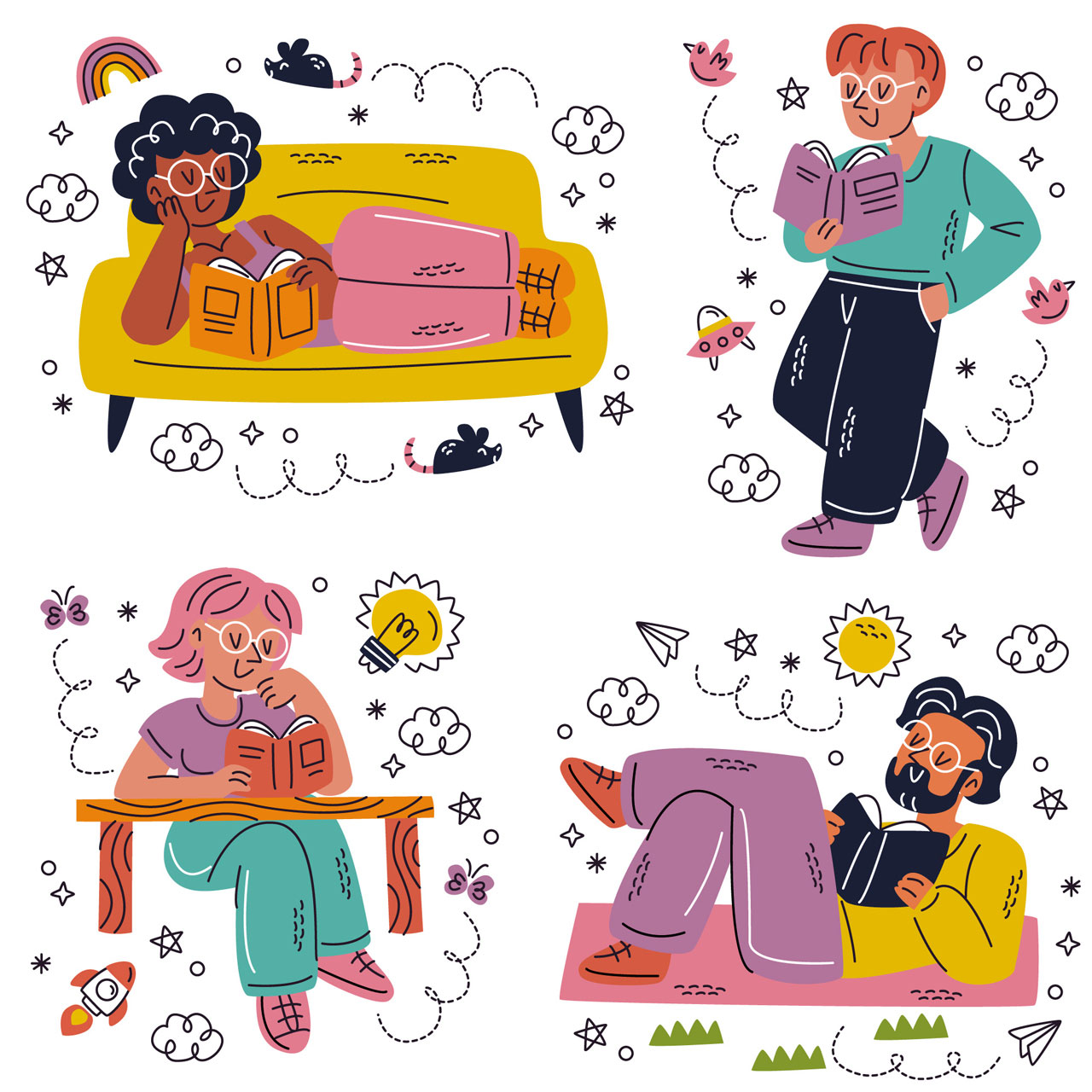 Doodle hand drawn book stickers collection cartoon illustration image