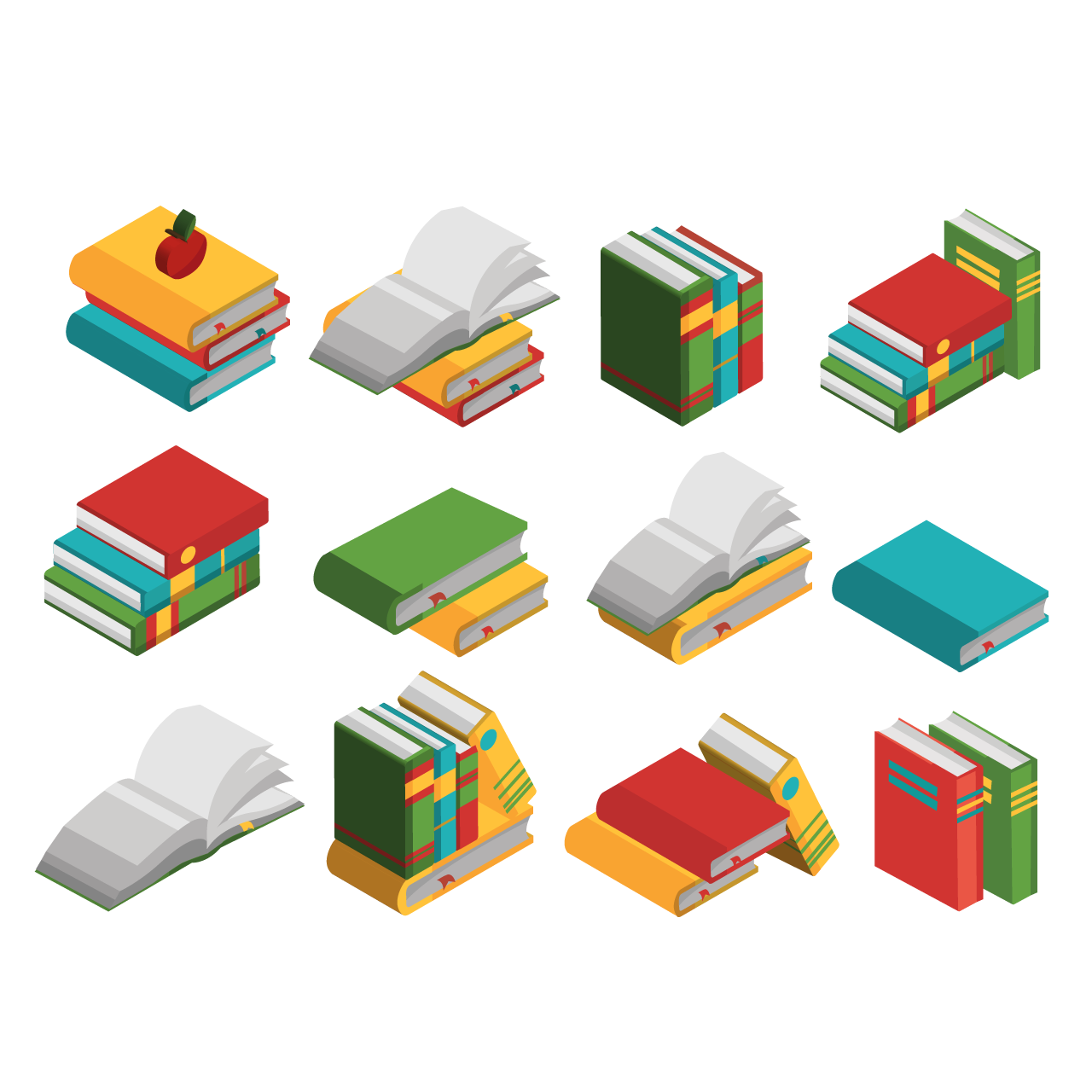 School books isometric elements set hand drawing sketch