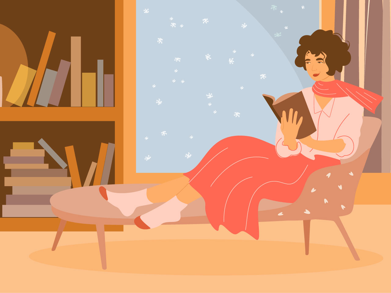 Young woman reading good book home winter window women enjoy reading trendy hand drawn cartoon