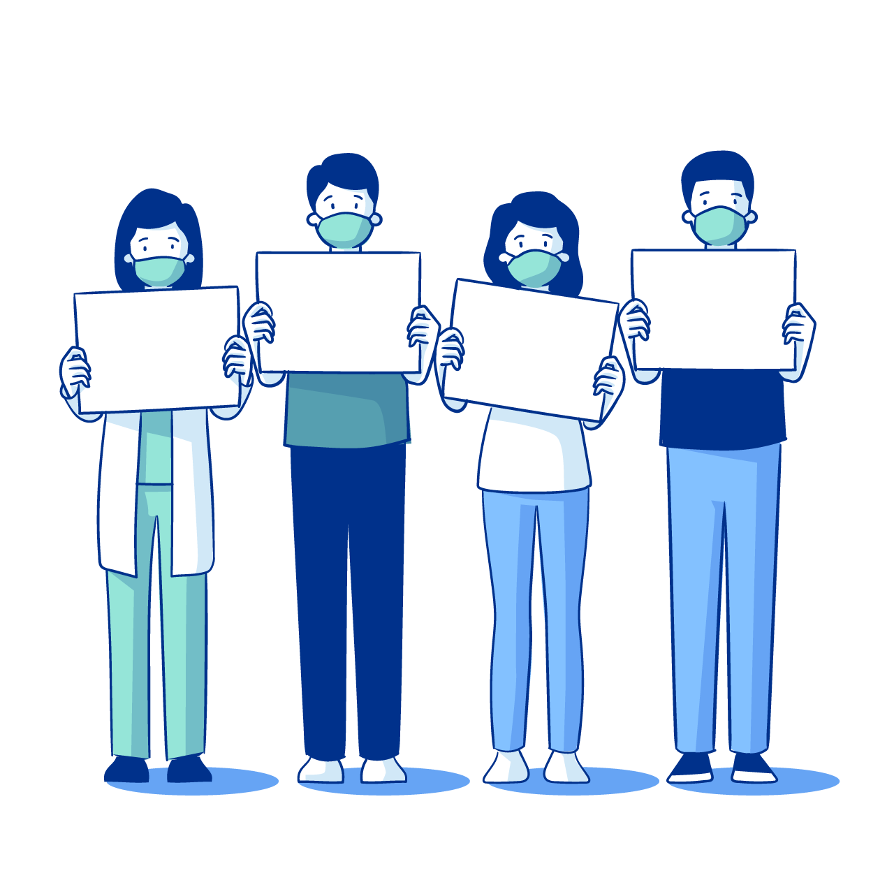 Flat hand drawing people medical masks with blank placards