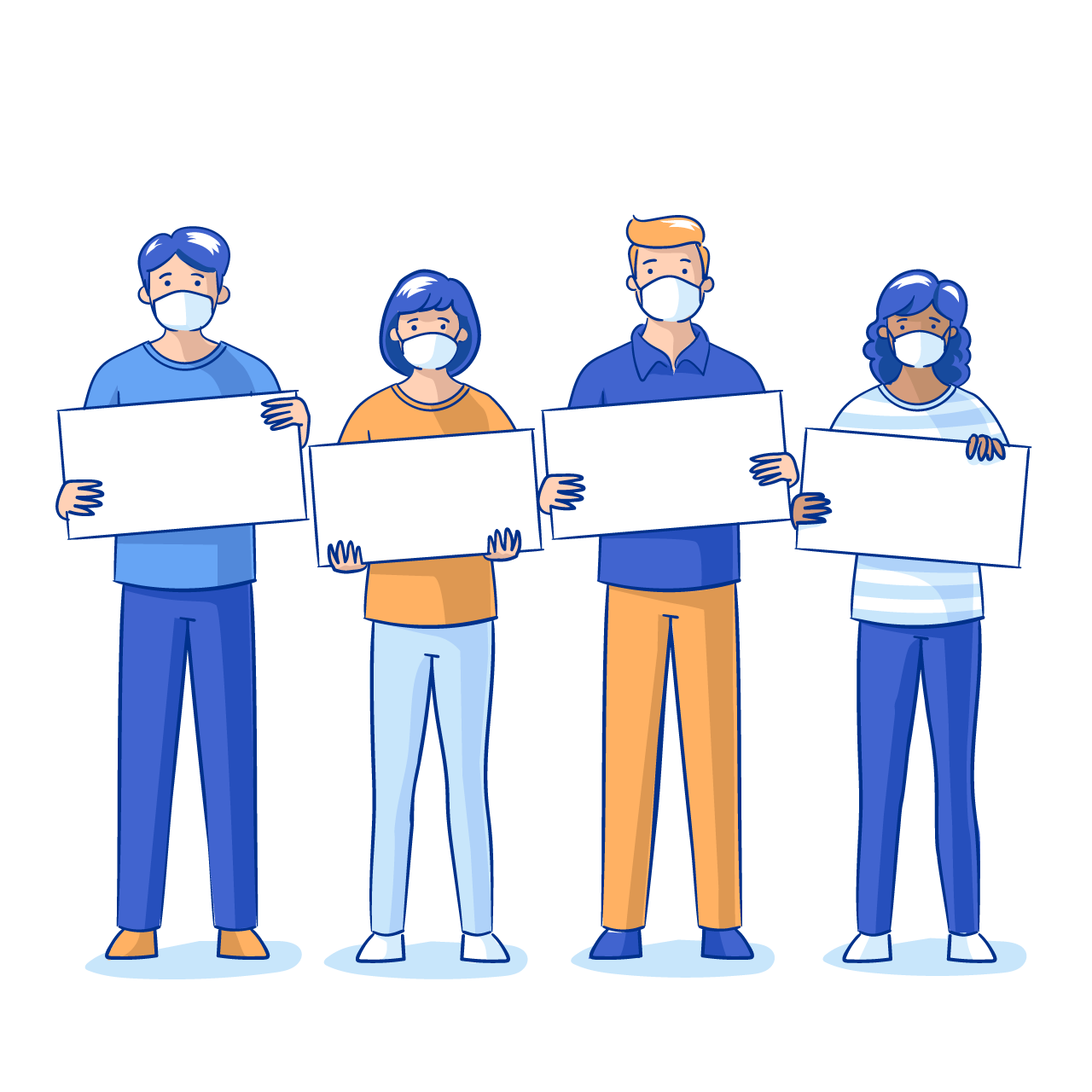 Flat hand drawn people medical masks with blank placards
