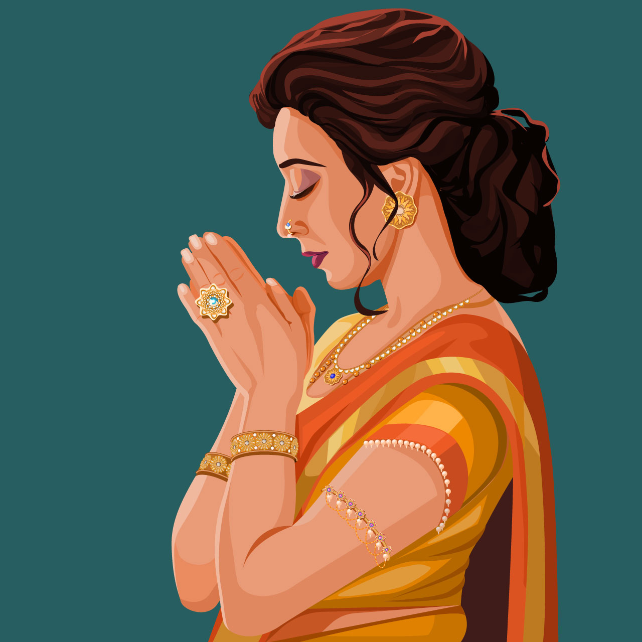 Indian woman doing namaste cartoon illustration image hand drawing sketch