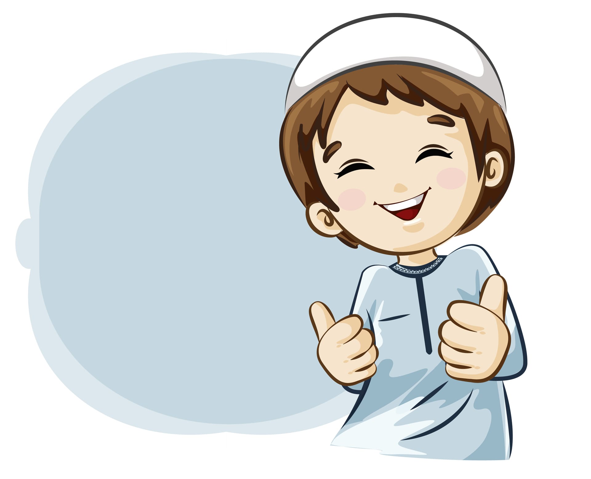Happy little muslim boy thumps up smiling face cartoon
