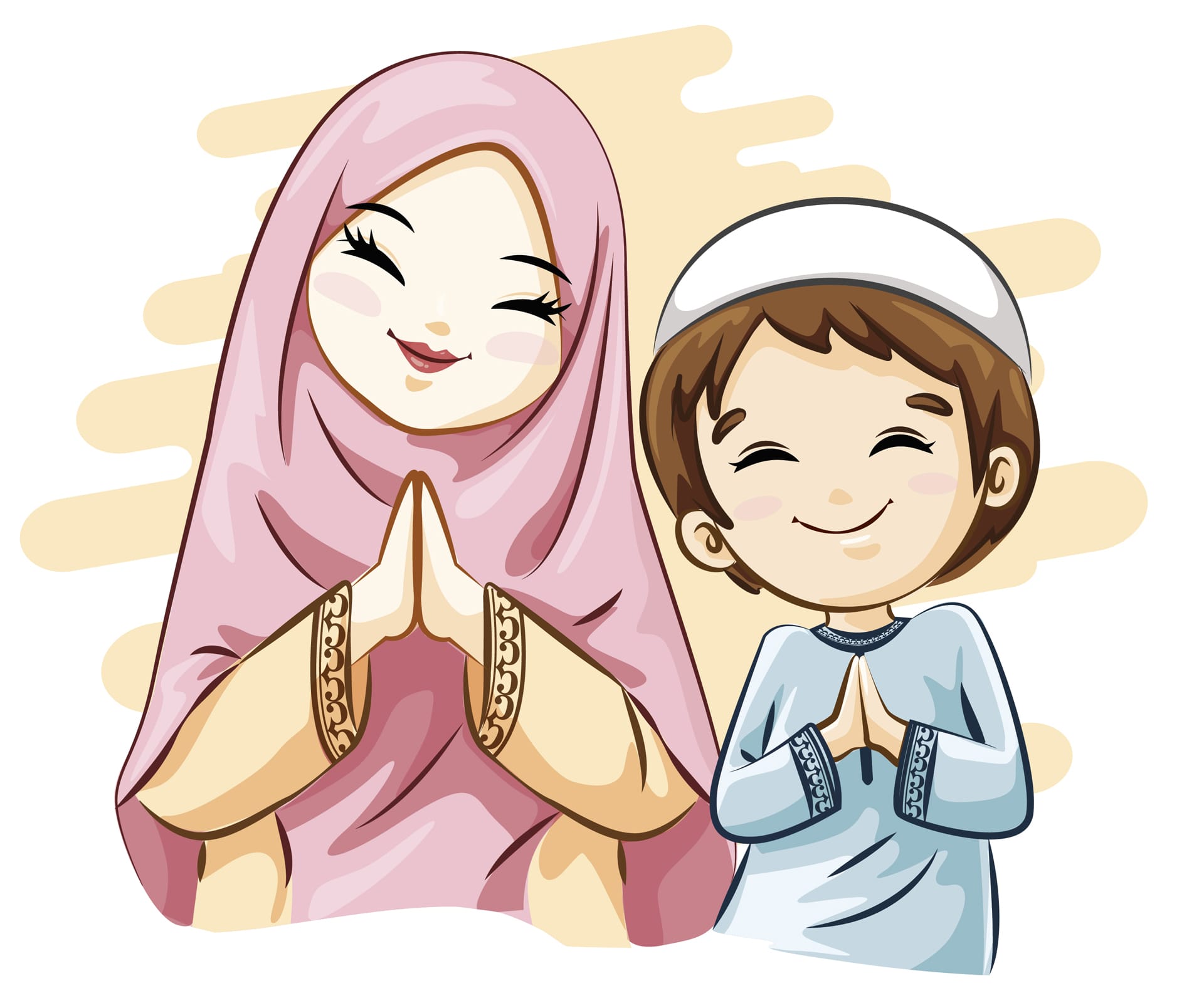 Two cute muslim brothers sisters beaming doing greetings thanking people