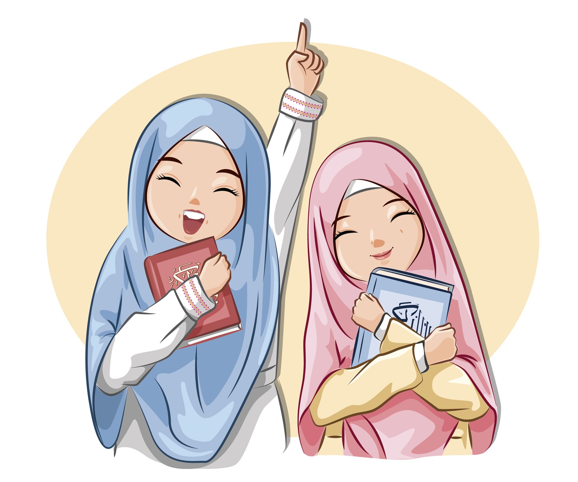 Two cute muslim girls love reading al quran believe one