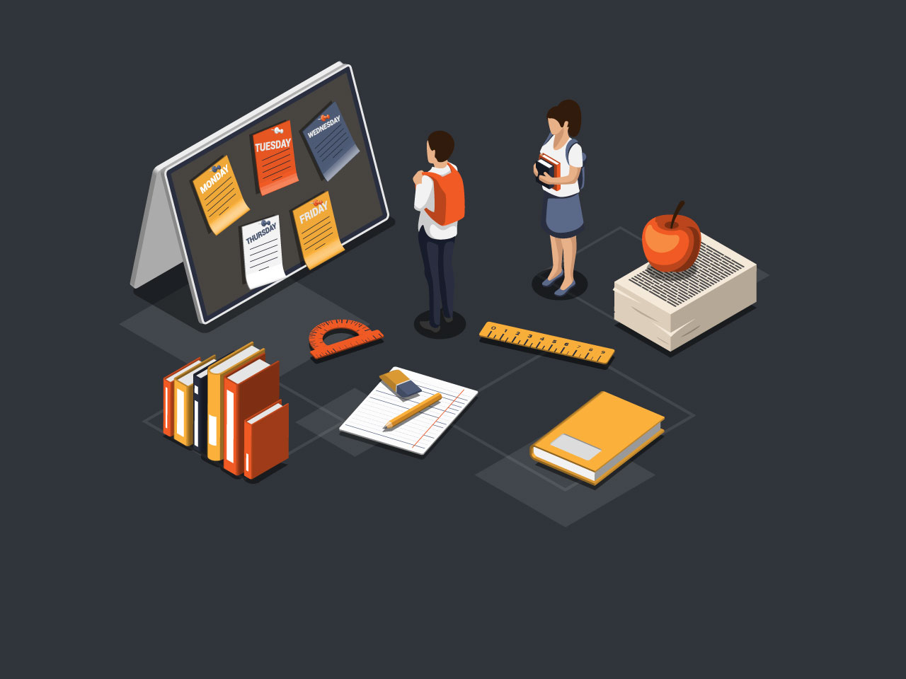 Class timetable education digital calendar online learning concept boy girl students near huge ruler pencil sticker calendar with timetable studying isometric 3d illustration