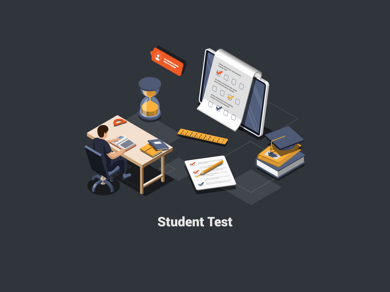 Education graduation student test concept happy cheerful boy pupil has test exam classroom questionnaire form online education survey internet quiz isometric 3d illustration