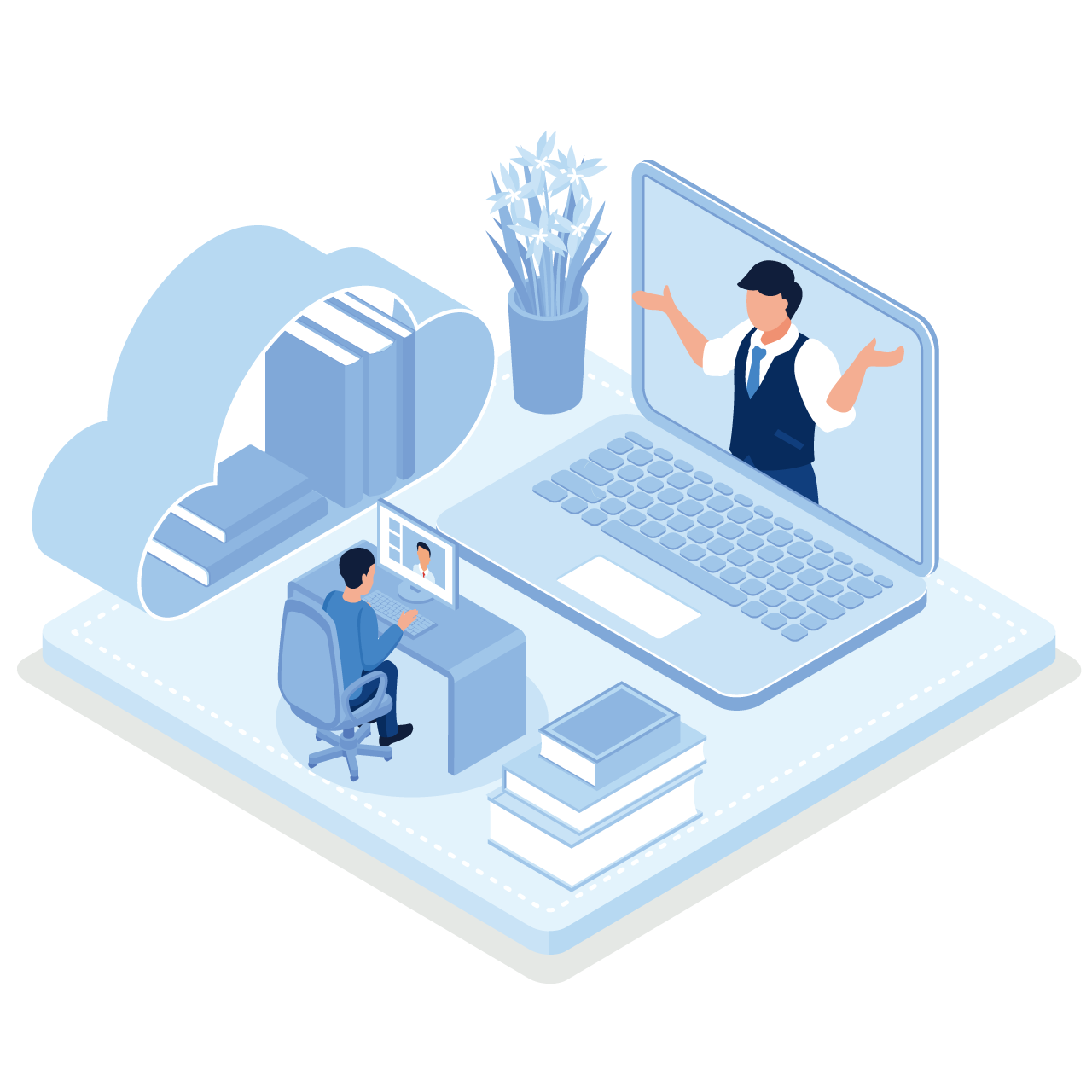 Student learning online home character sitting desk looking laptop studying cartoon clipart