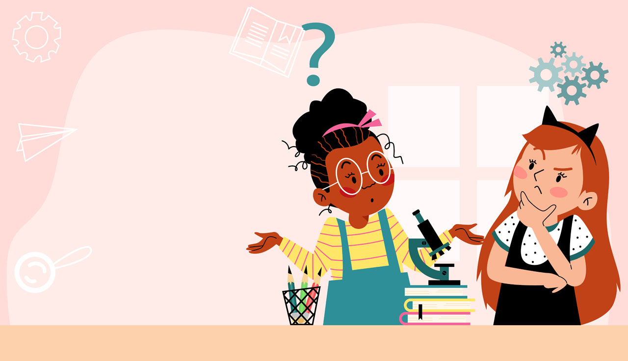 Question clipart banner with schoolgirls have difficulty solving problem