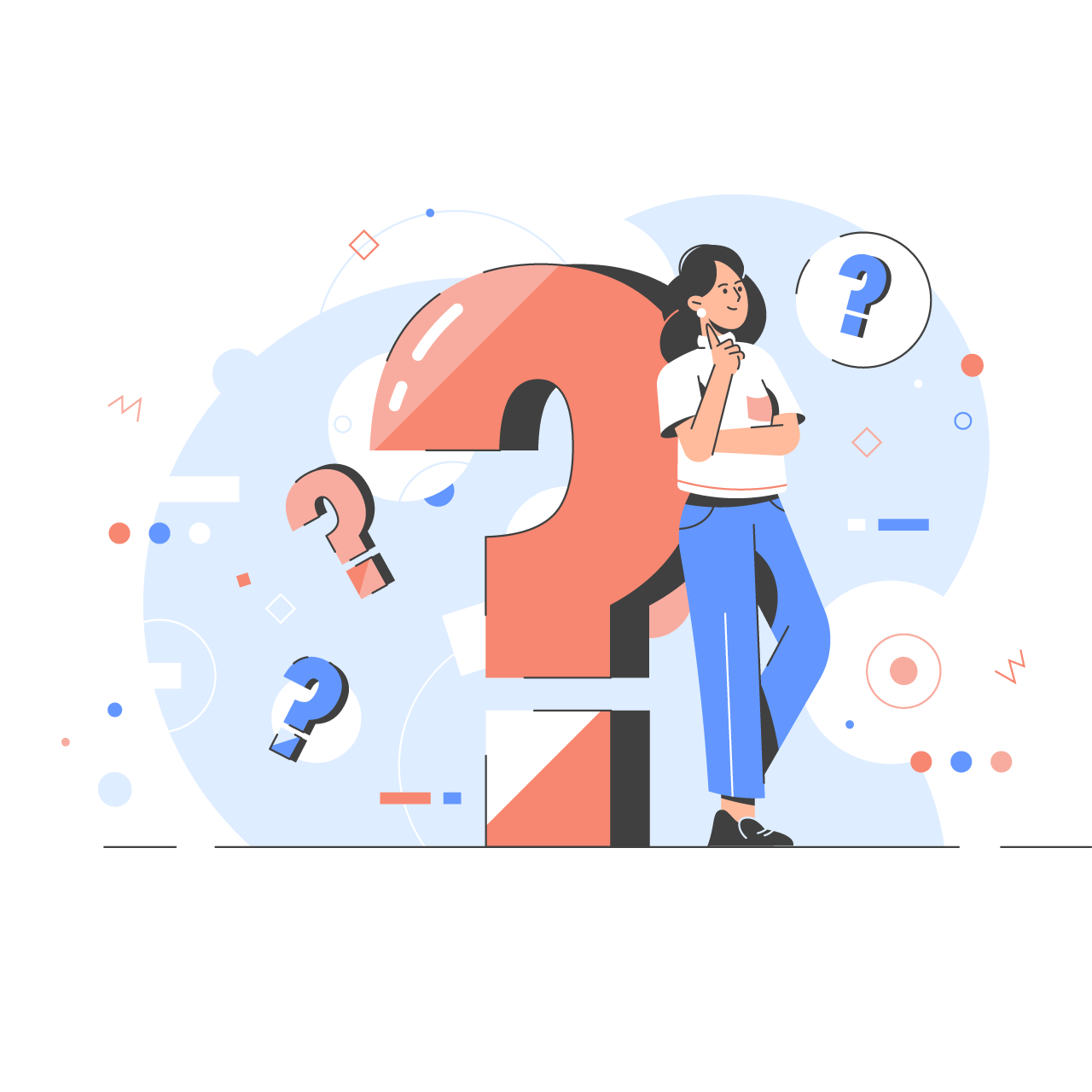 Woman with big question mark questions concept curiosity answers questions faq business