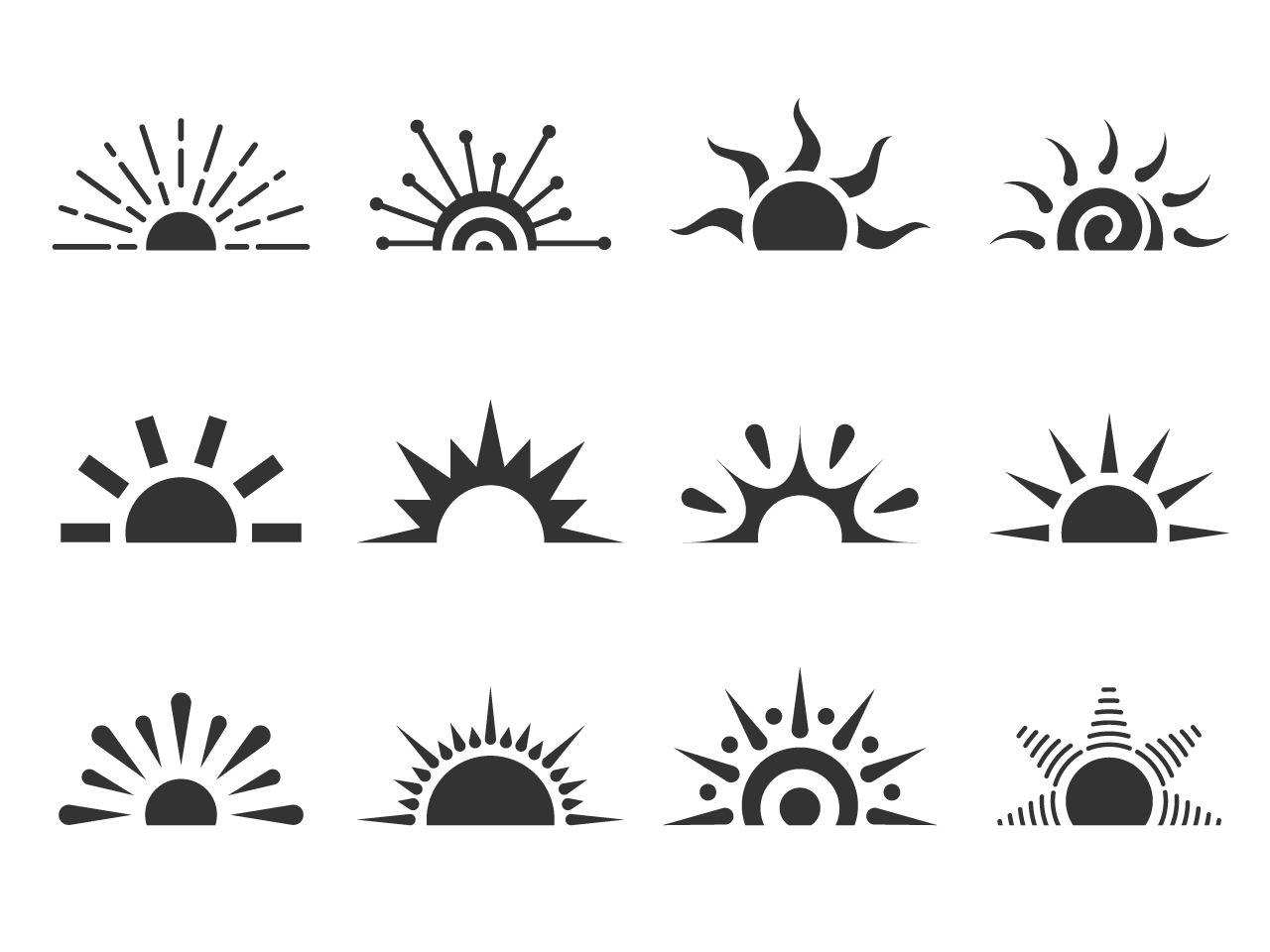 Half sun flat icon set sunrise sunset logo isolated white various shape sunshine star cartoon summer sunlight