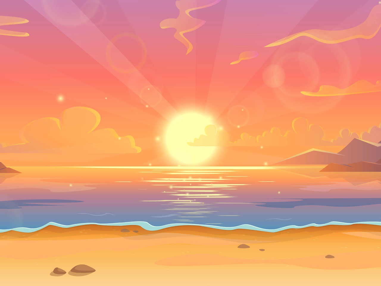 Ocean landscape sunset sunrise with beautiful pink sky sun reflection water beautiful nature with beach