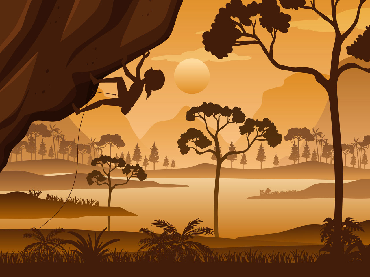 Sun clipart flat silhouette rock climbing hand drawing sketch
