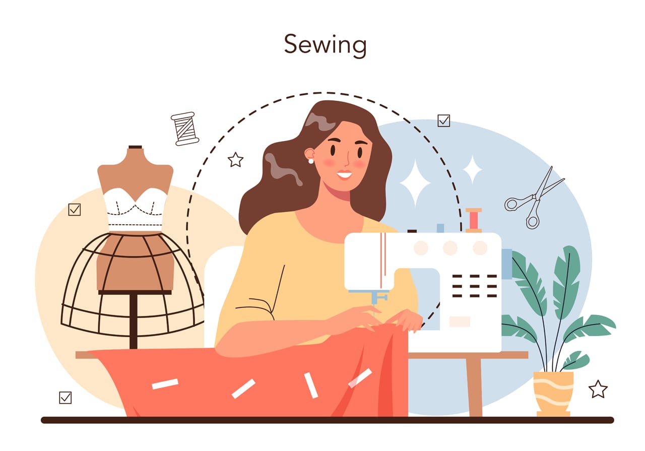 Fashion designer concept professional tailor sewing fitting clothes dressmaker working power sewing machine