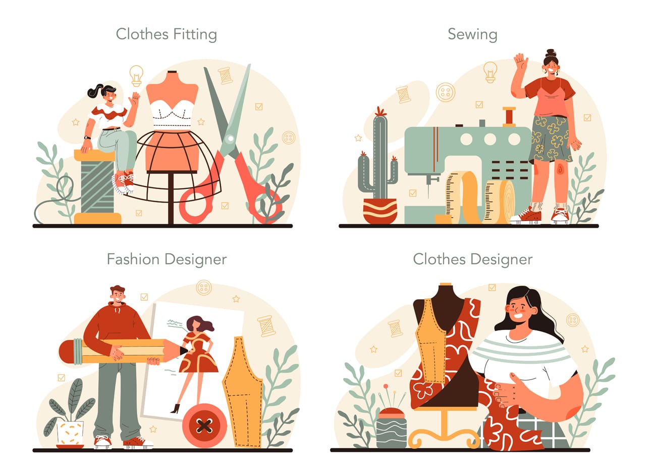 Fashion designer concept set professional fashion tailor sewing fitting hand drawing sketch