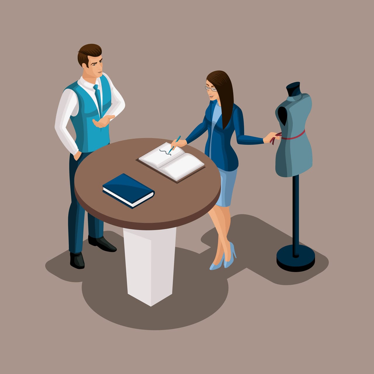 Isometric bank manager proposes use services bank tailor girl is considering offer entrepreneur own business work yourself