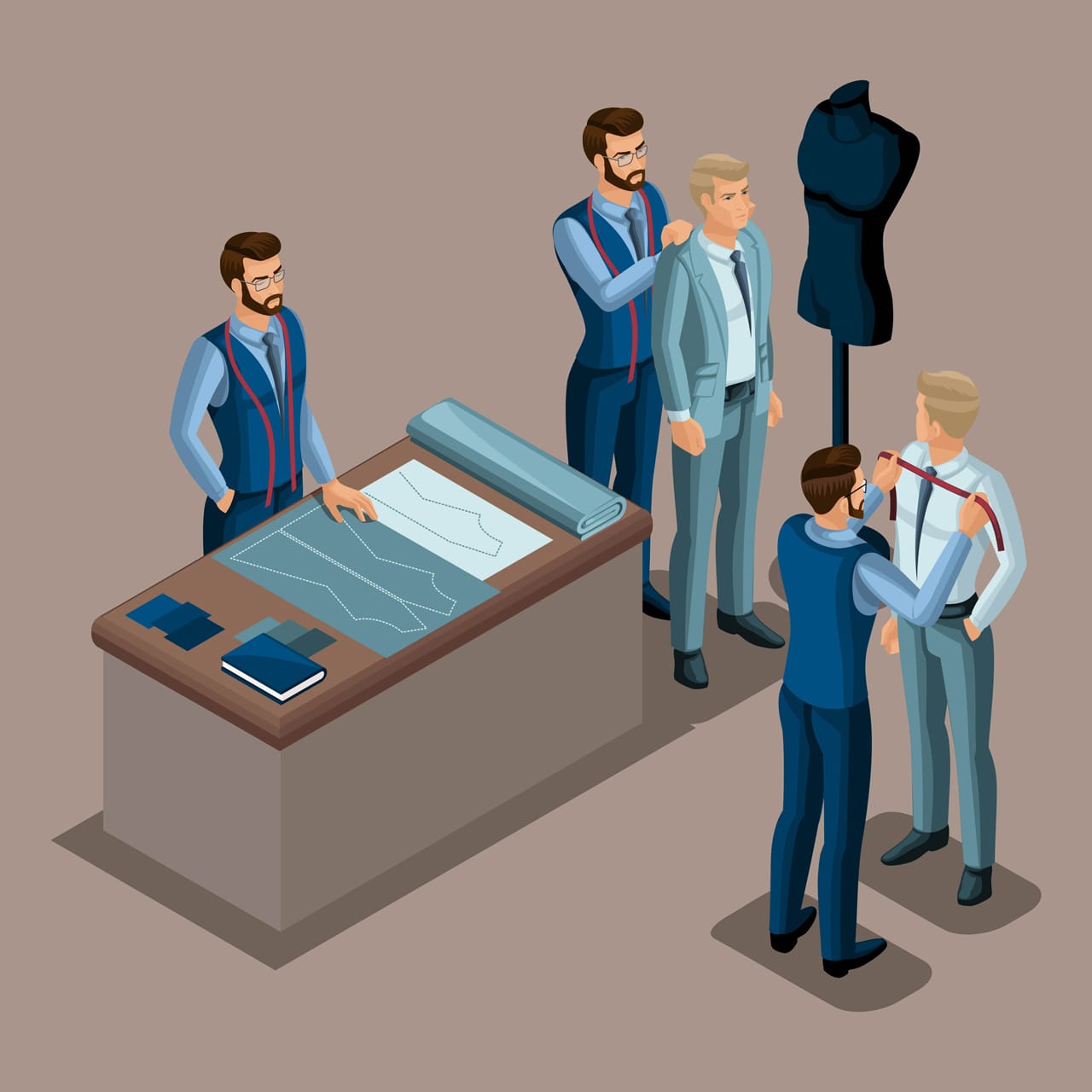 Isometric tailor creation quality clothing order workshop atelier tailoring entrepreneur working hand drawing sketch
