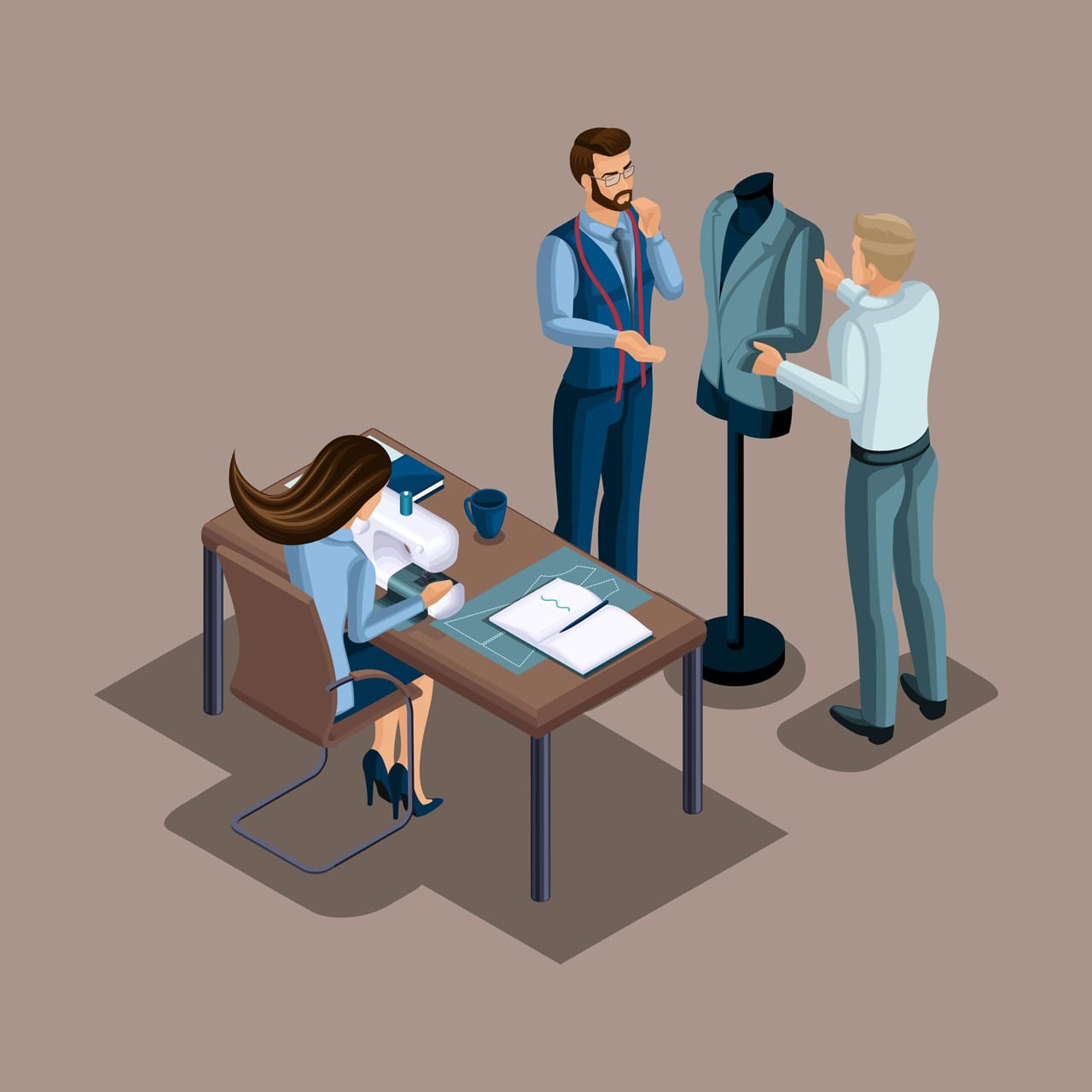 Isometric tailor creation quality clothing order workshop atelier tailoring entrepreneur working himself his own business