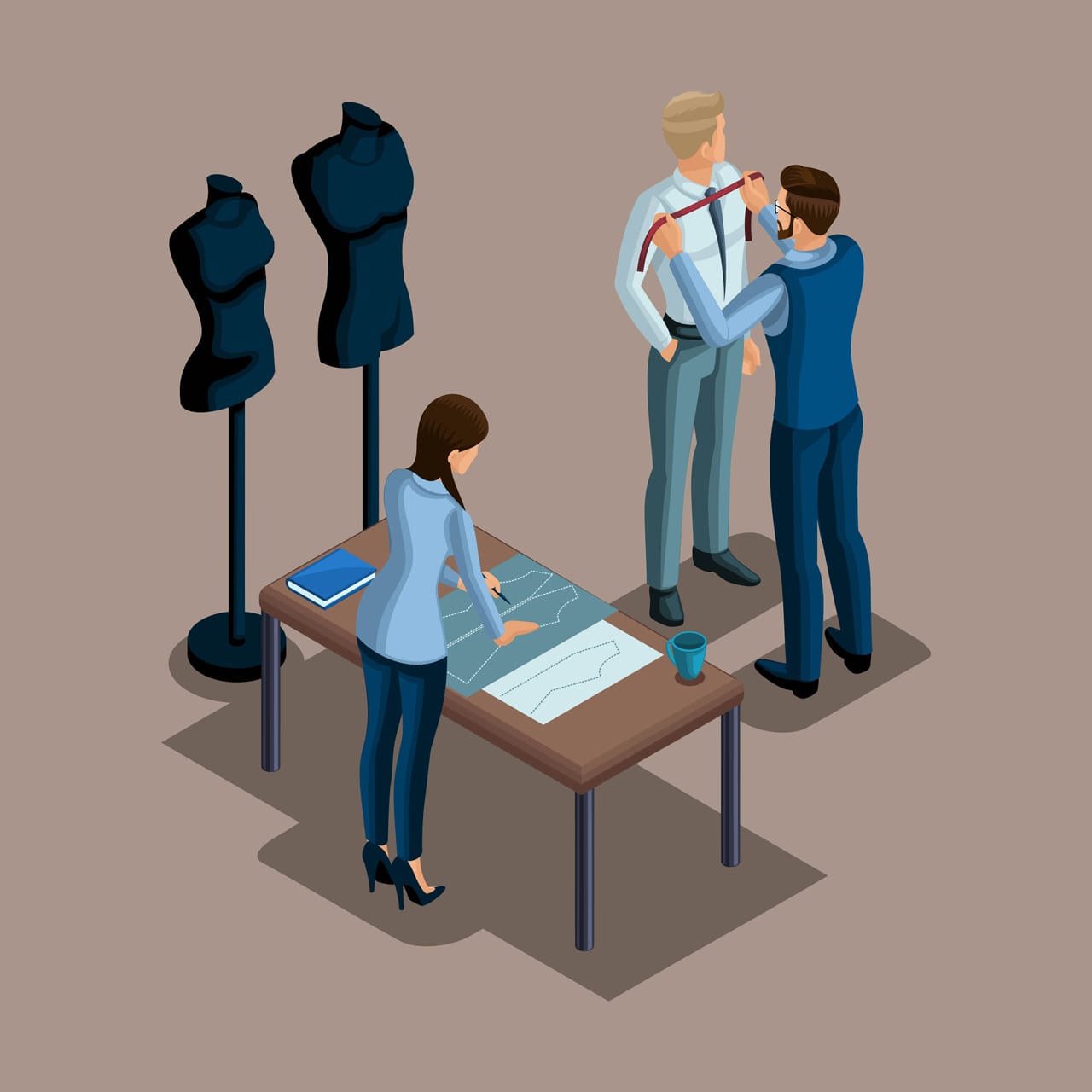 Isometric tailor creation quality clothing order workshop atelier tailoring entrepreneur working himself own business