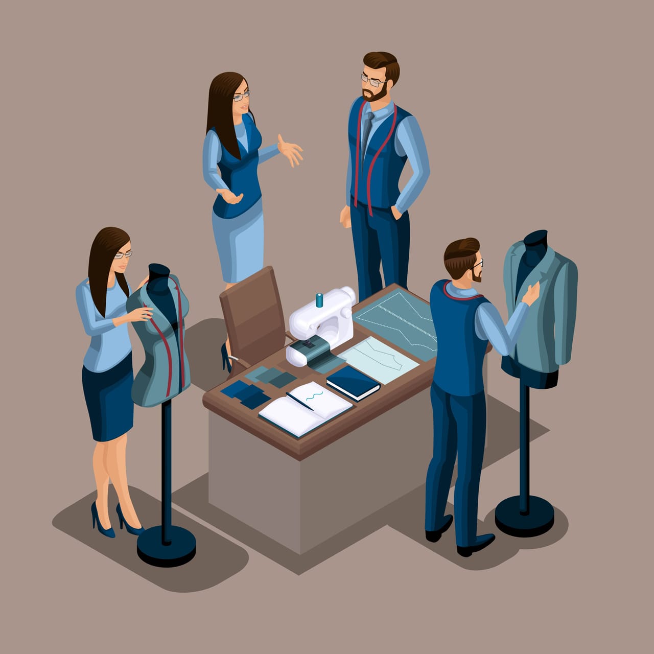 Isometric tailor creation quality clothing order workshop atelier tailoring entrepreneur working himself