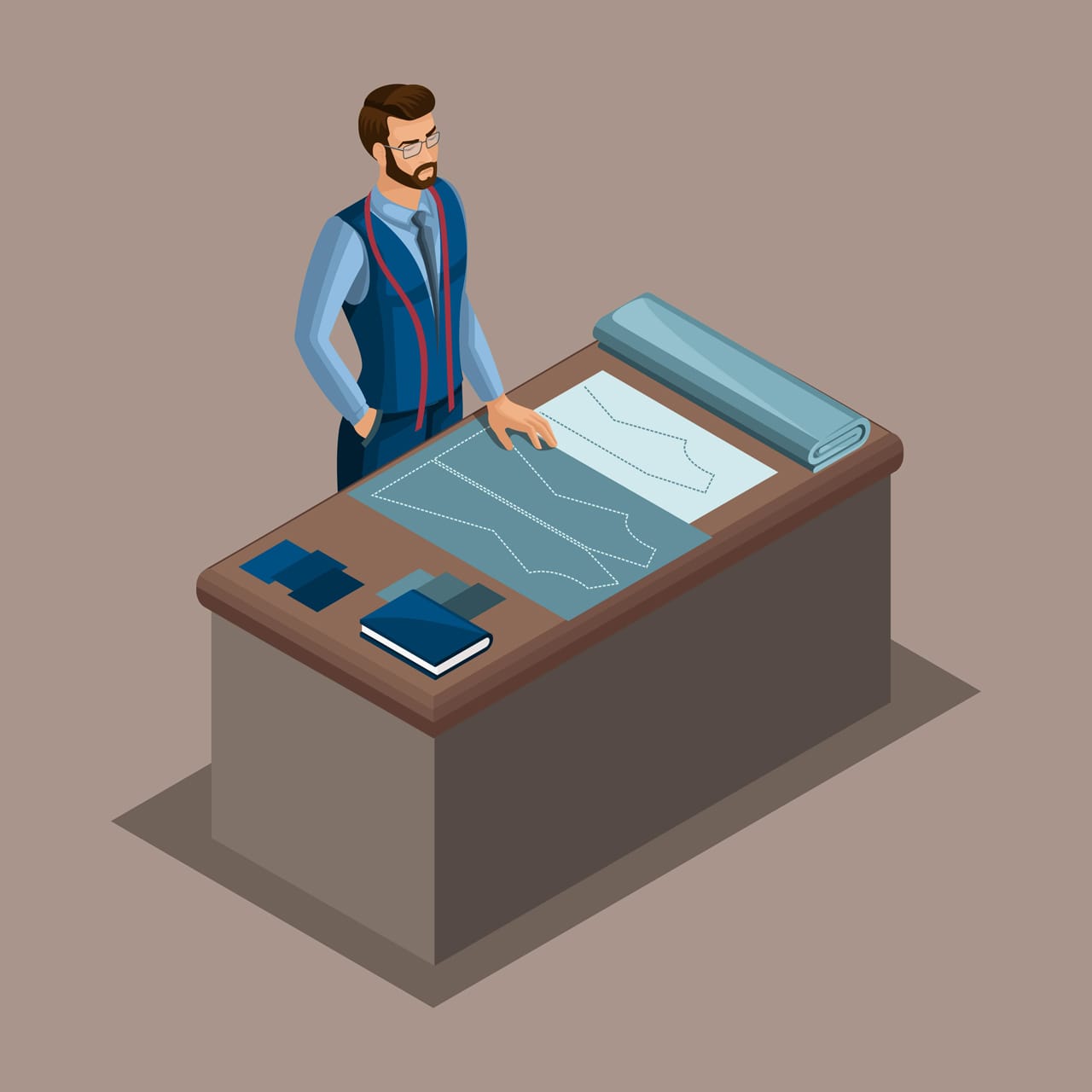 Isometric tailor work sewing workshop choice fabric creation tailoring entrepreneur working himself business