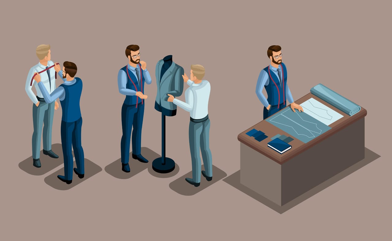 Isometric tailor work with client sewing workshop cutting dimensions fitting ready made clothing entrepreneur