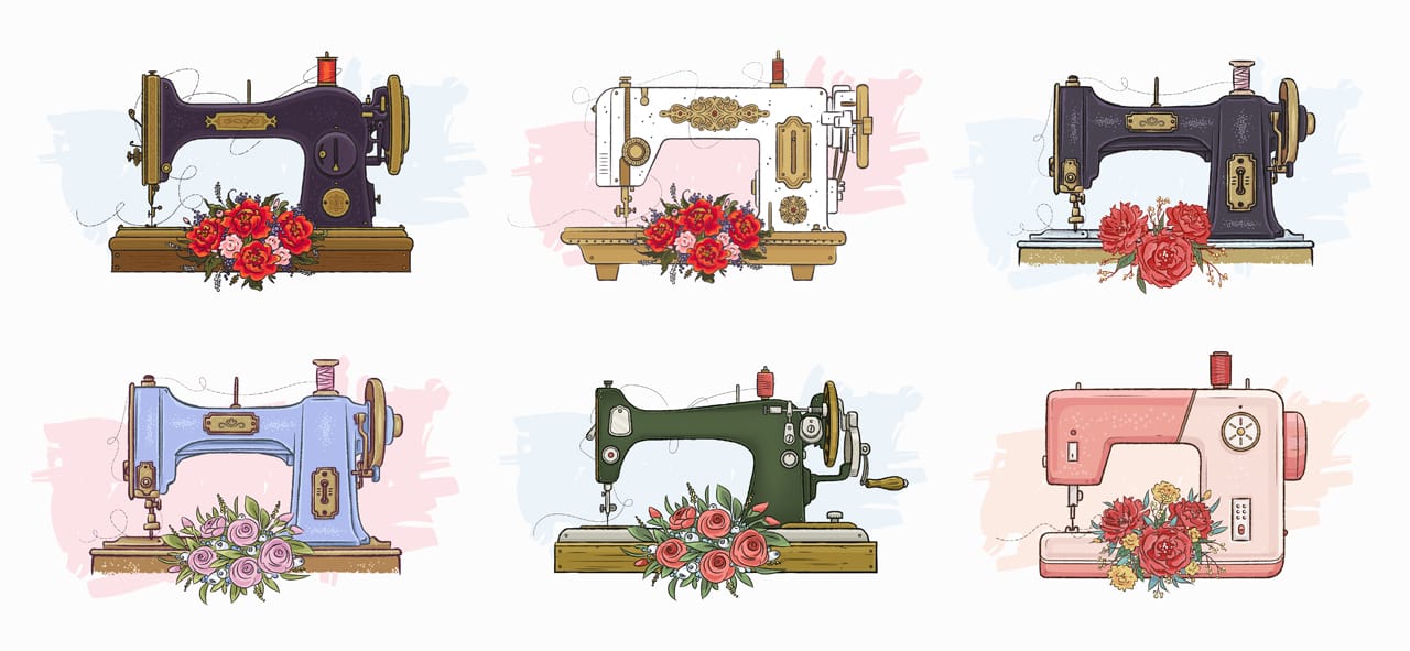 Set hand drawn sewing machines transparent background png cartoon image