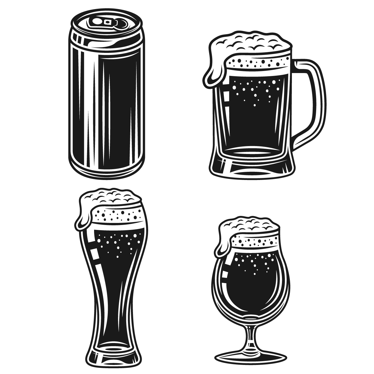 Beer glass mug can design set monochrome vintage objects isolated