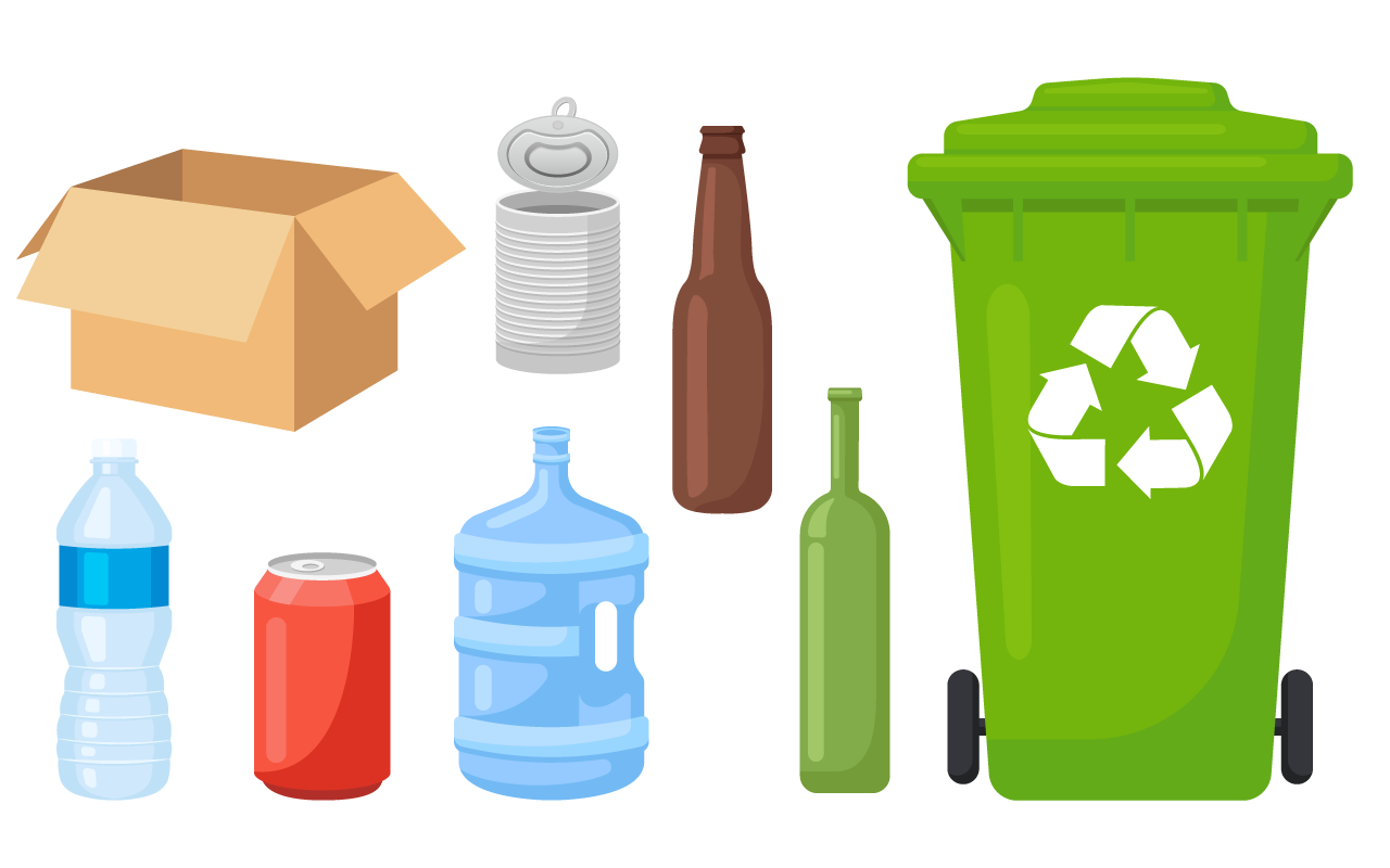 Collection set recycled garbage object trash bin plastic bottle paper box can glass bottle