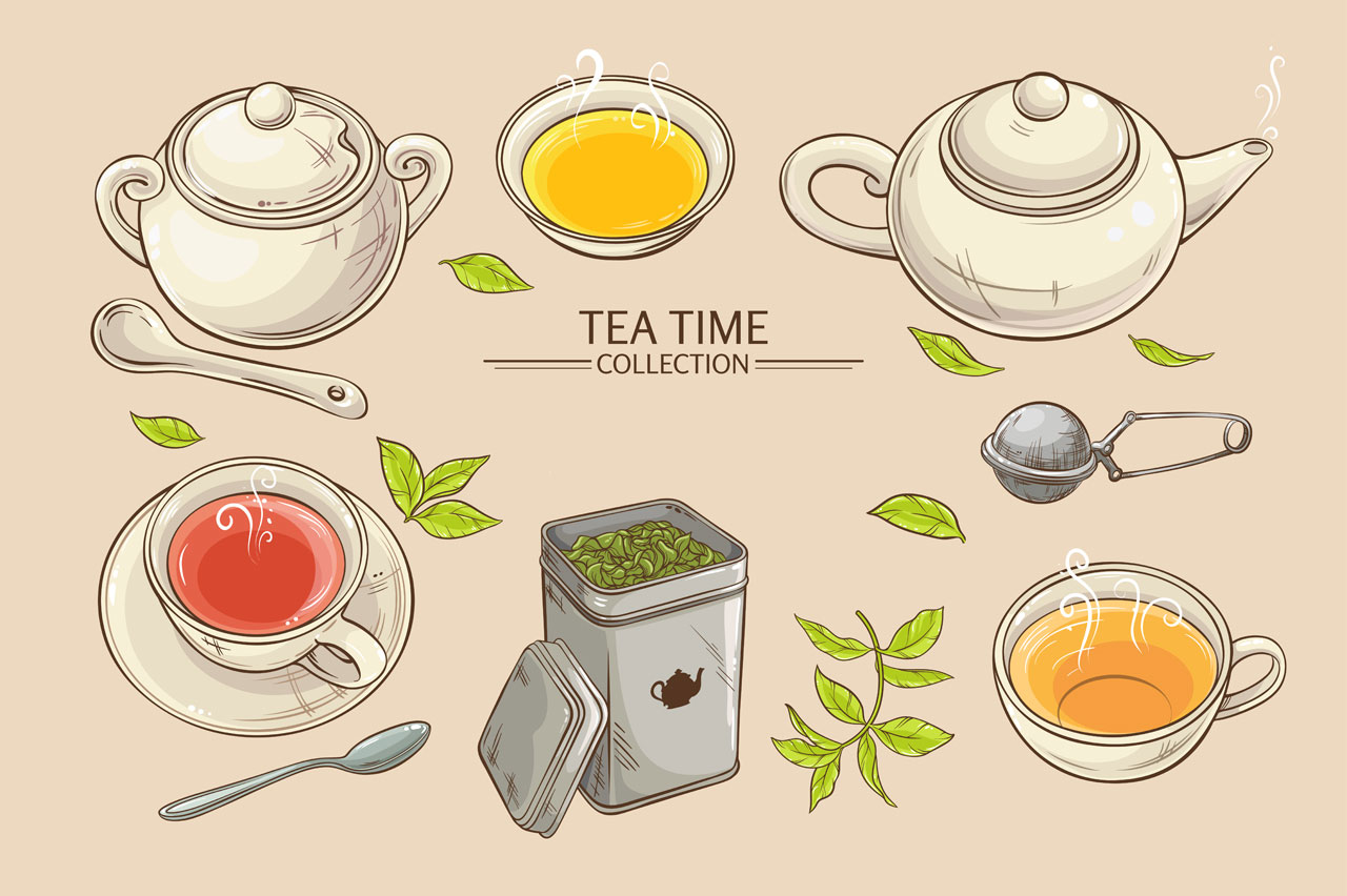 Set with cups teapot sugar bowl tin packaging tea strainer hand drawing sketch