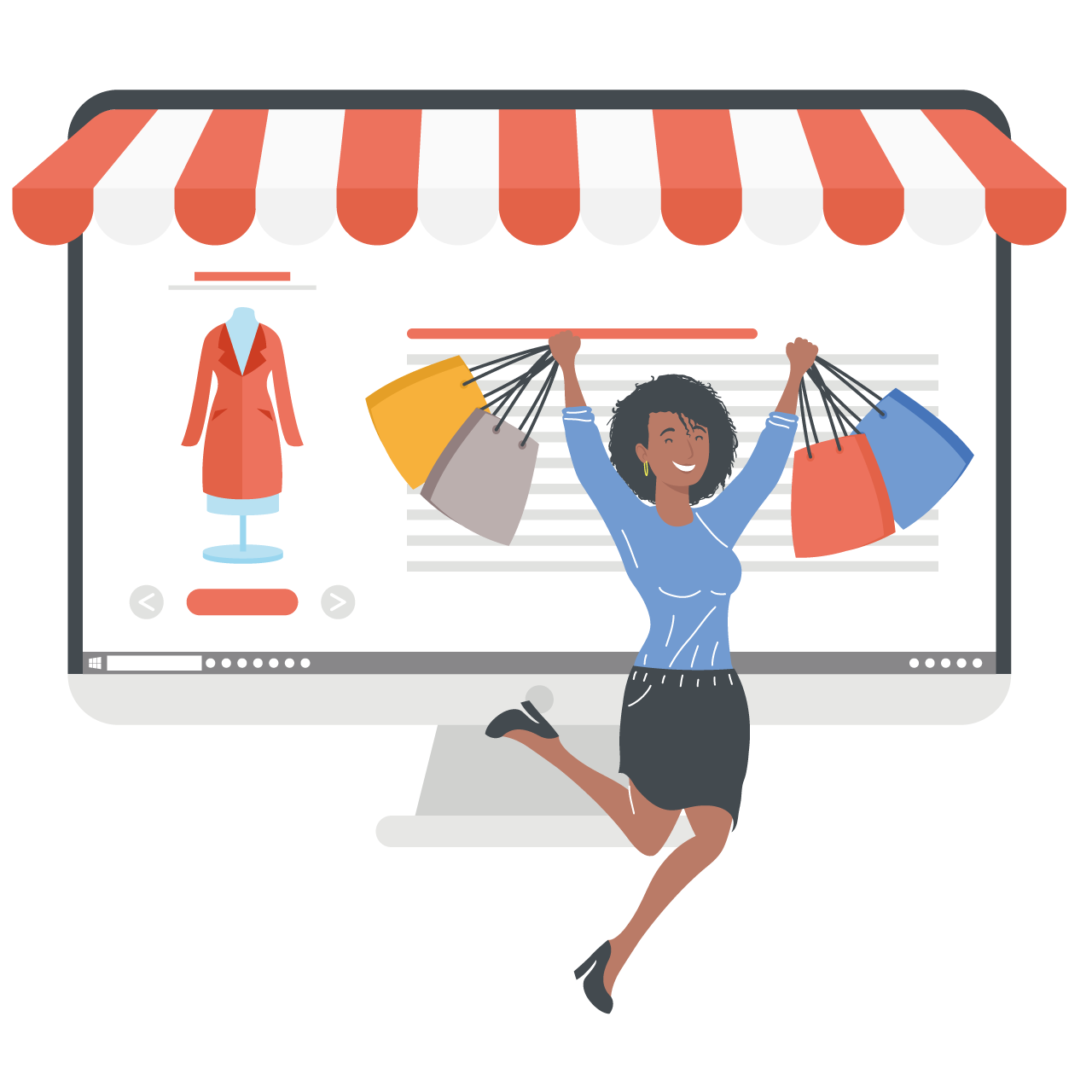 Afro woman celebrating with desktop ecommerce cartoon image