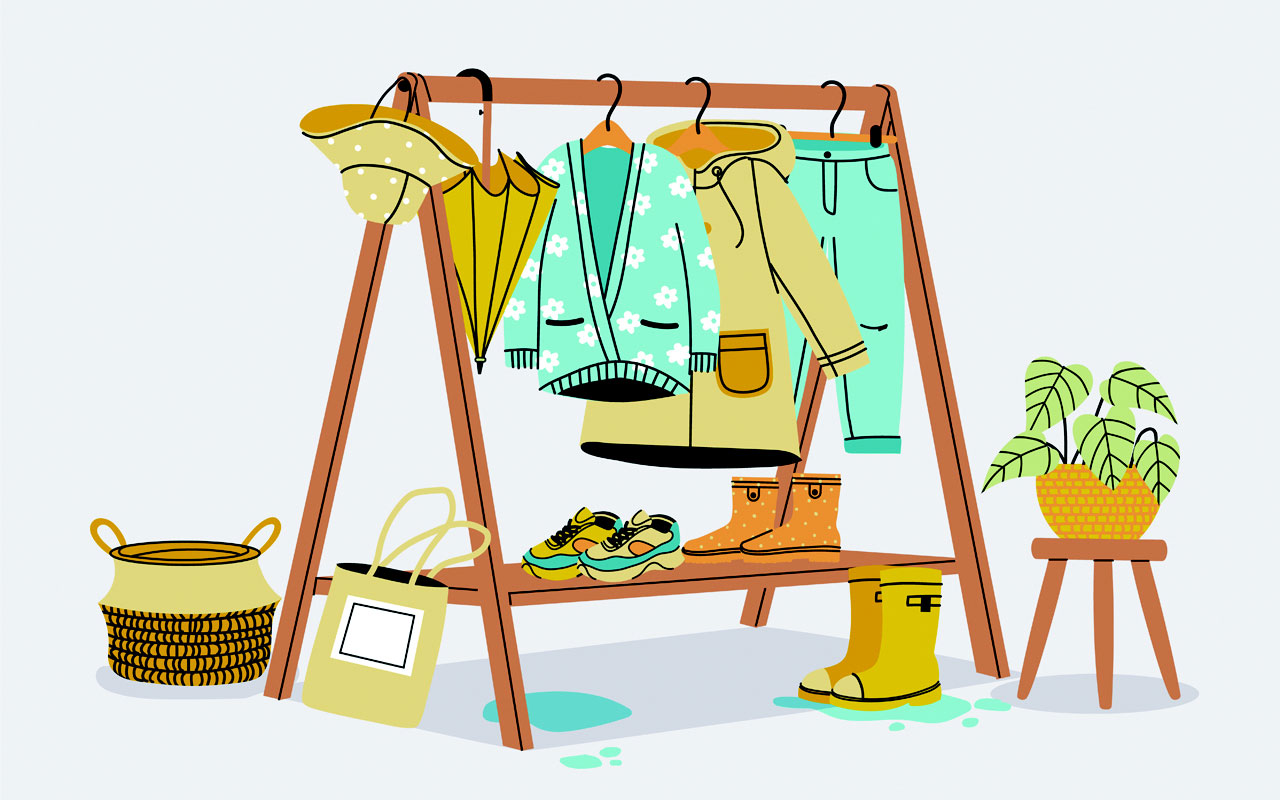 Autumn wardrobe fall seasonal clothes hanging hanger rails fashion cozy casual coats shoes accessories winter