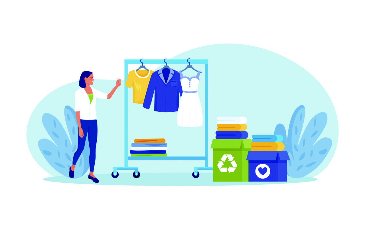 Cloth recycling woman packing box with clothes wardrobe do