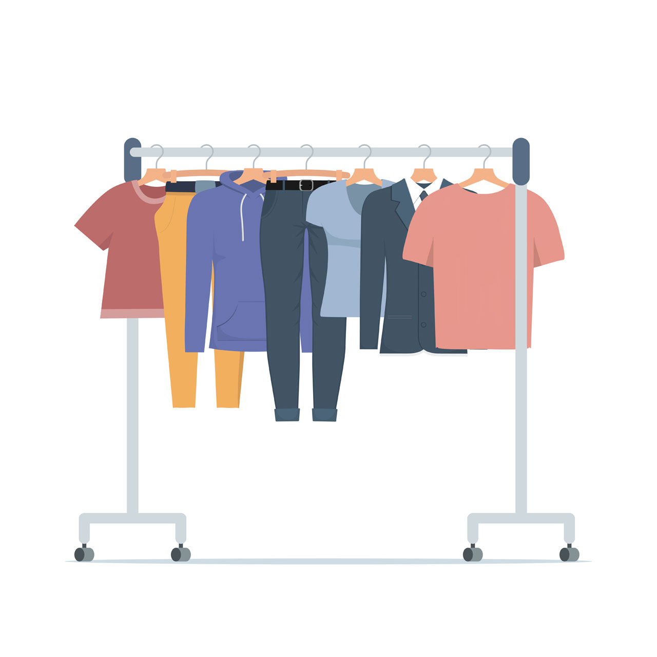 Clothes hanger with different casual man woman clothes casual seasonal clothes