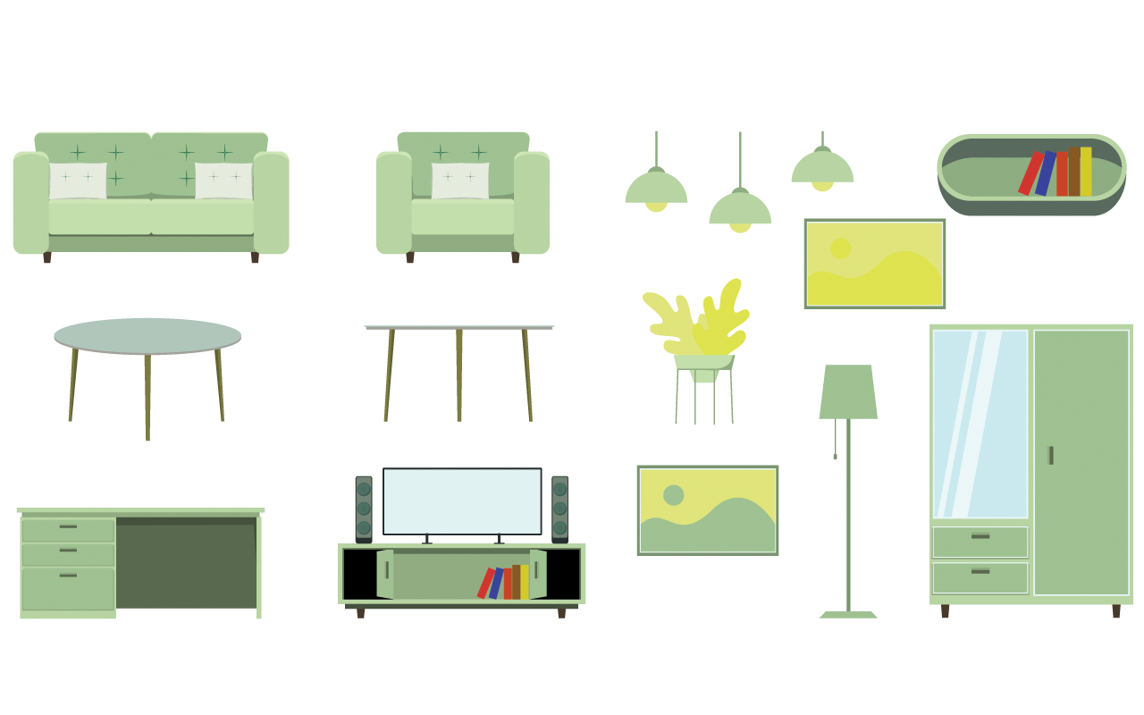 Complete set household interior furniture transparent background png