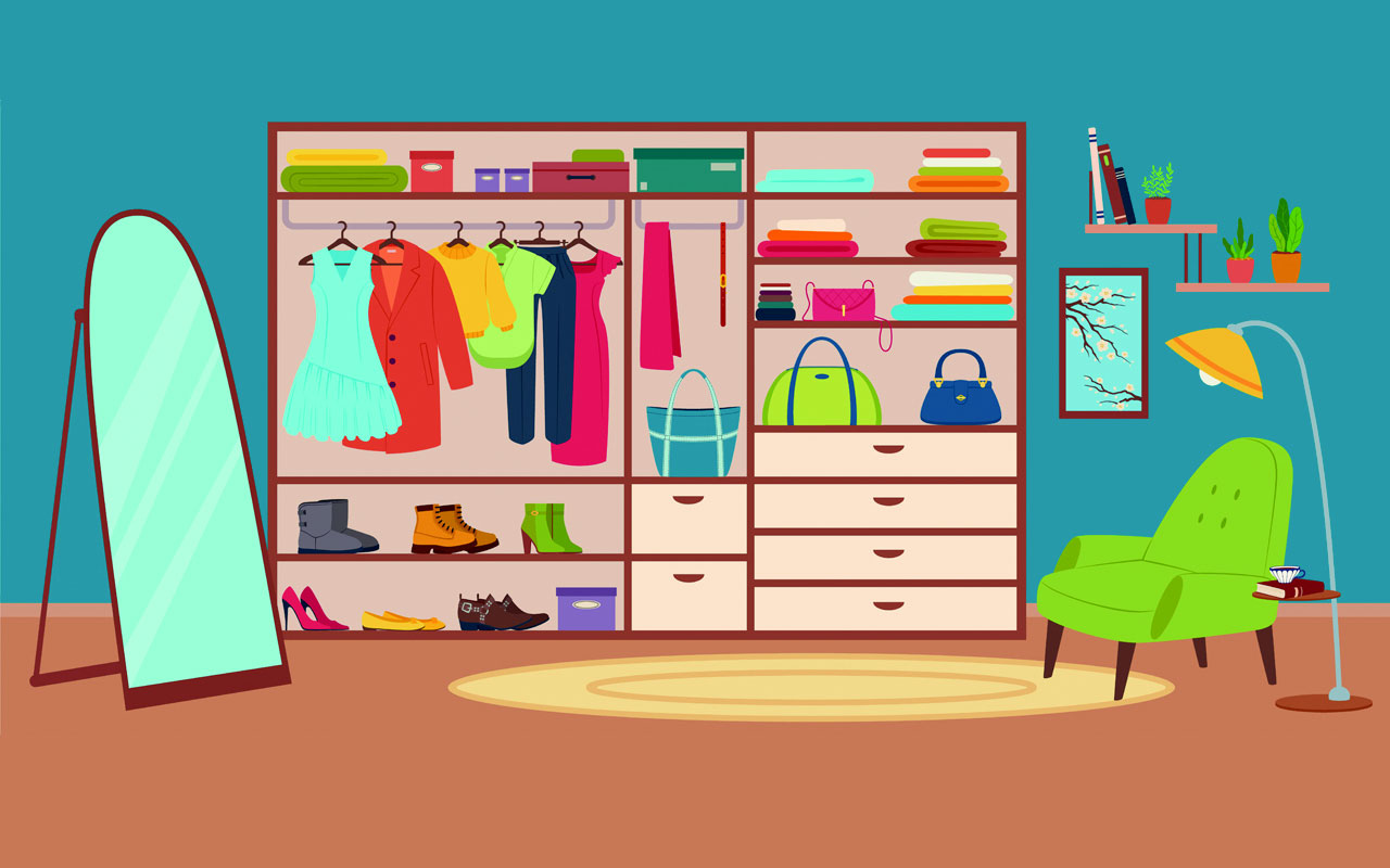 Dressing room interior wardrobe with fashion women clothes modern bedroom with closet