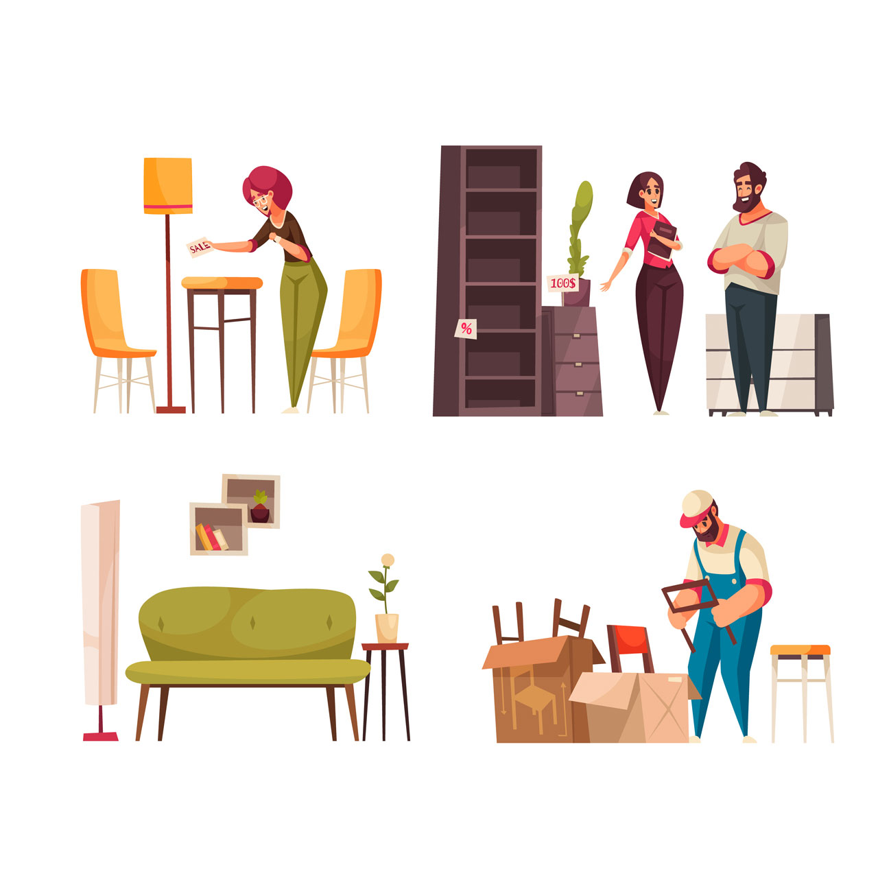 Furniture store 4 cartoon compositions with customers choosing bookcase chest drawers buying packing chai