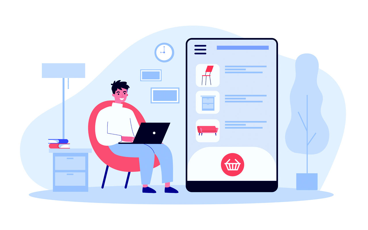 Happy guy choosing furniture online store smartphone laptop home flat