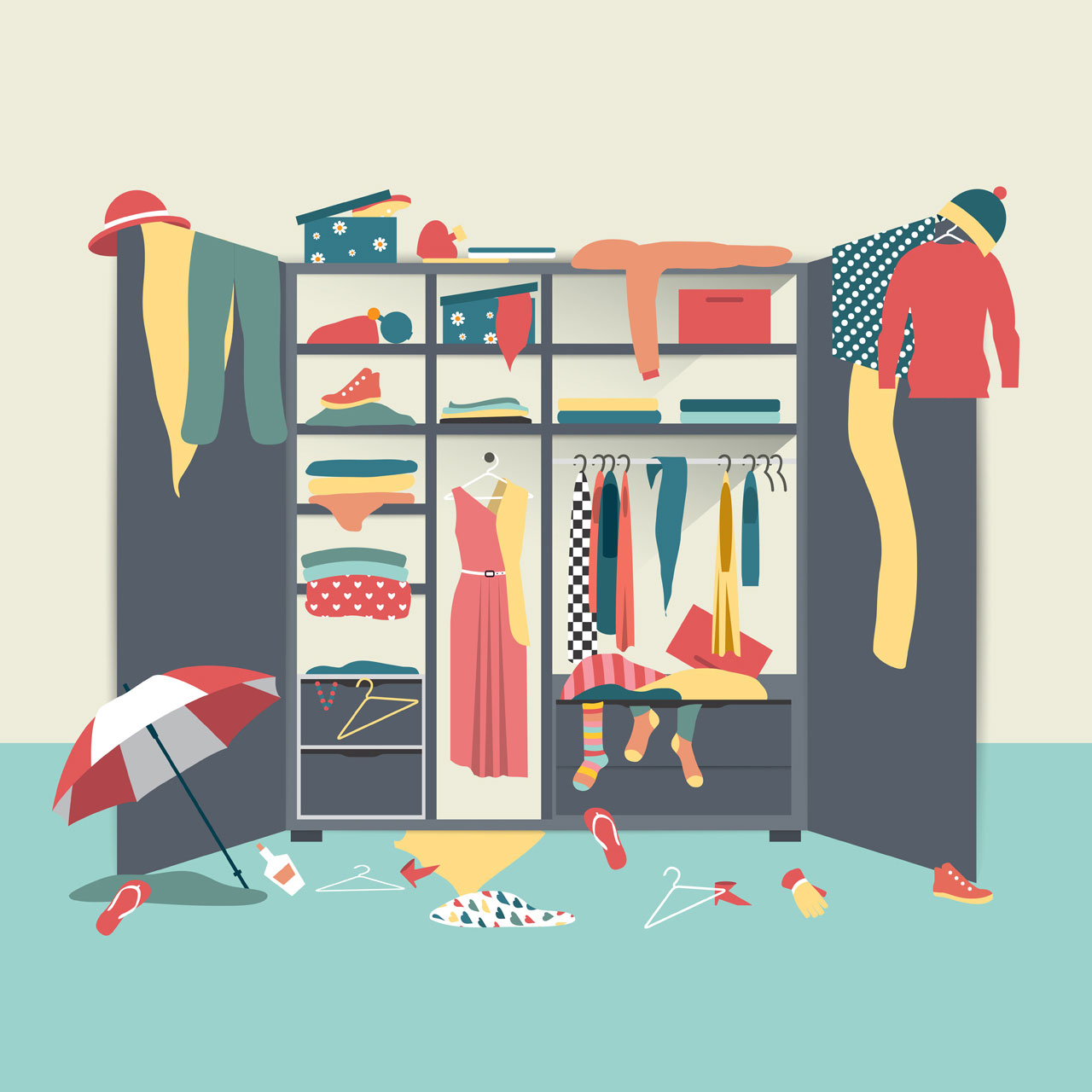 Open wardrobe white closet with untidy clothes shirts sweaters boxes shoes home mess interior flat design