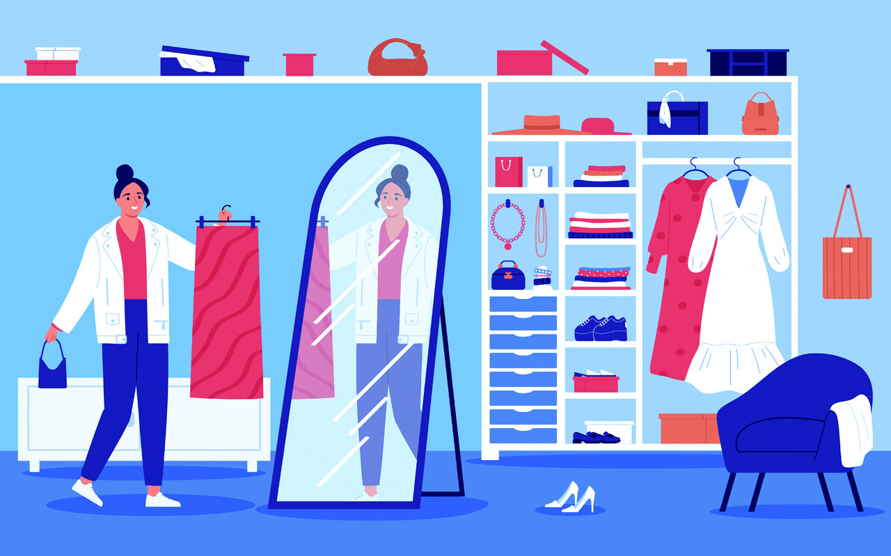 Smiling woman holding hanger with skirt handbag looking mirror spacious wardrobe with tr