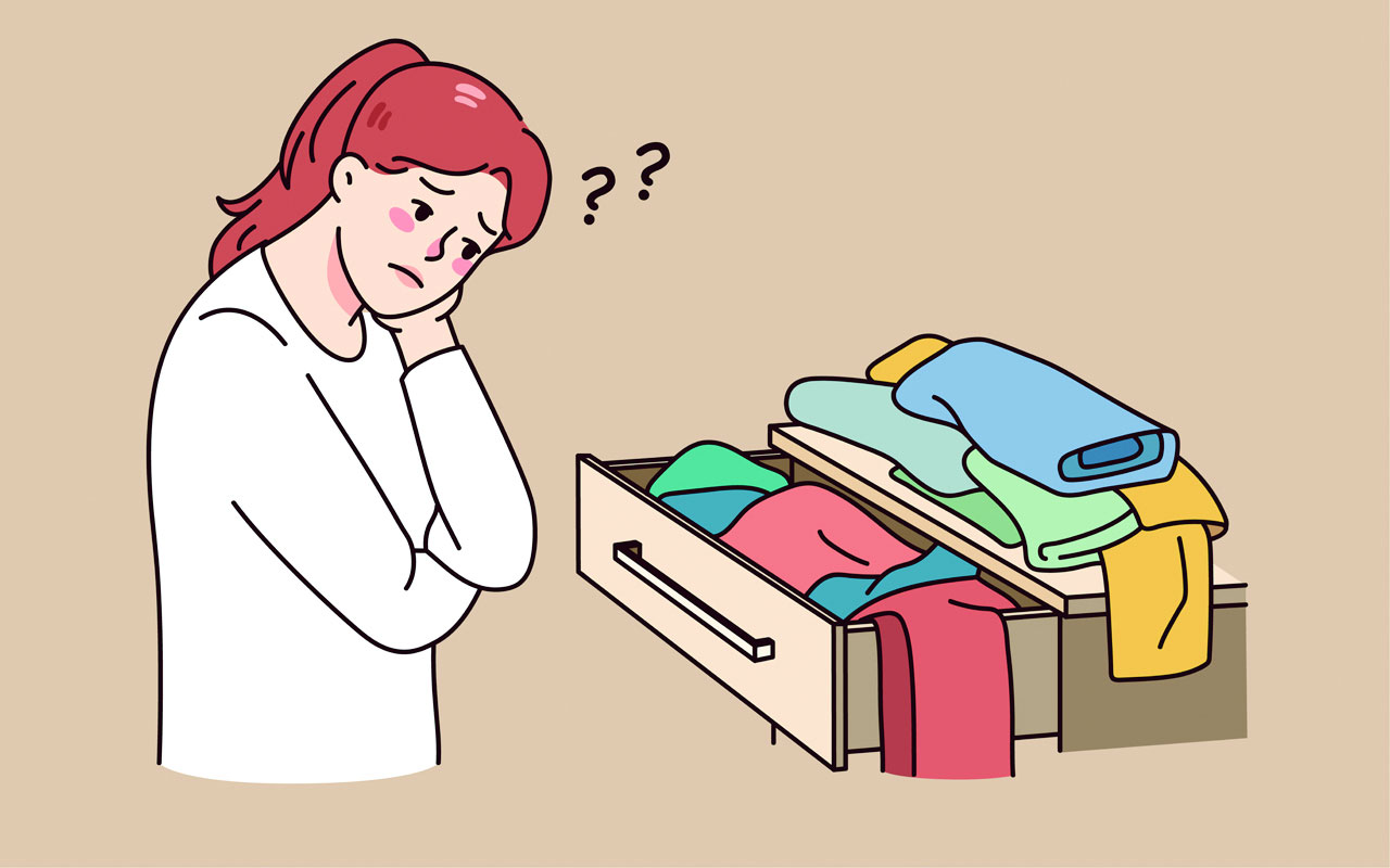 Wardrobe clipart confused girl look clothes have nothing wear hand drawing sketch