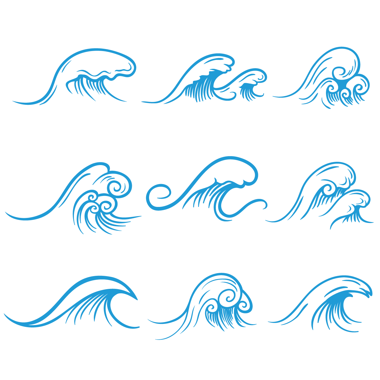 Ocean waves set hand drawing sketch transparent background png