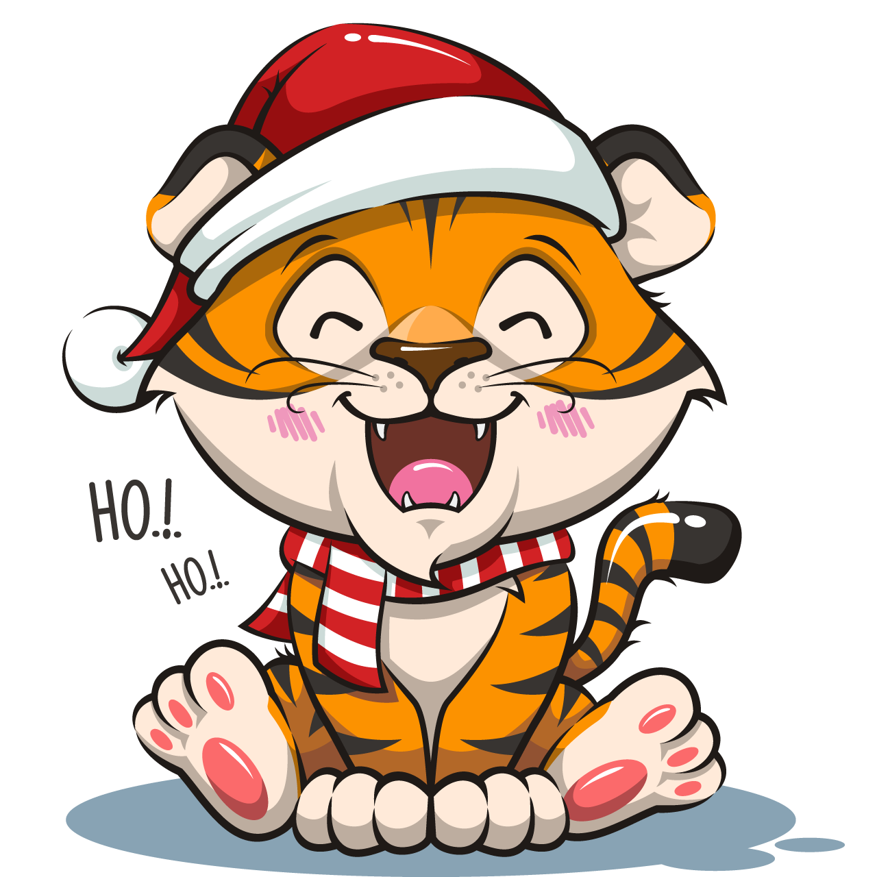 Cute cartoon tiger wearing hat santa blue background snowflake